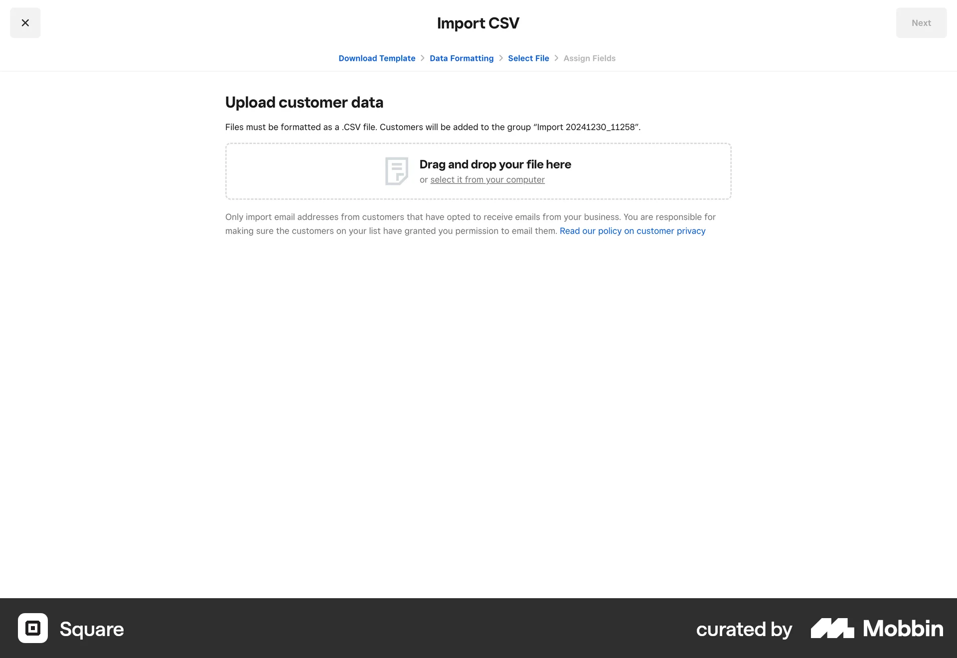 Square Web Import & Export screen