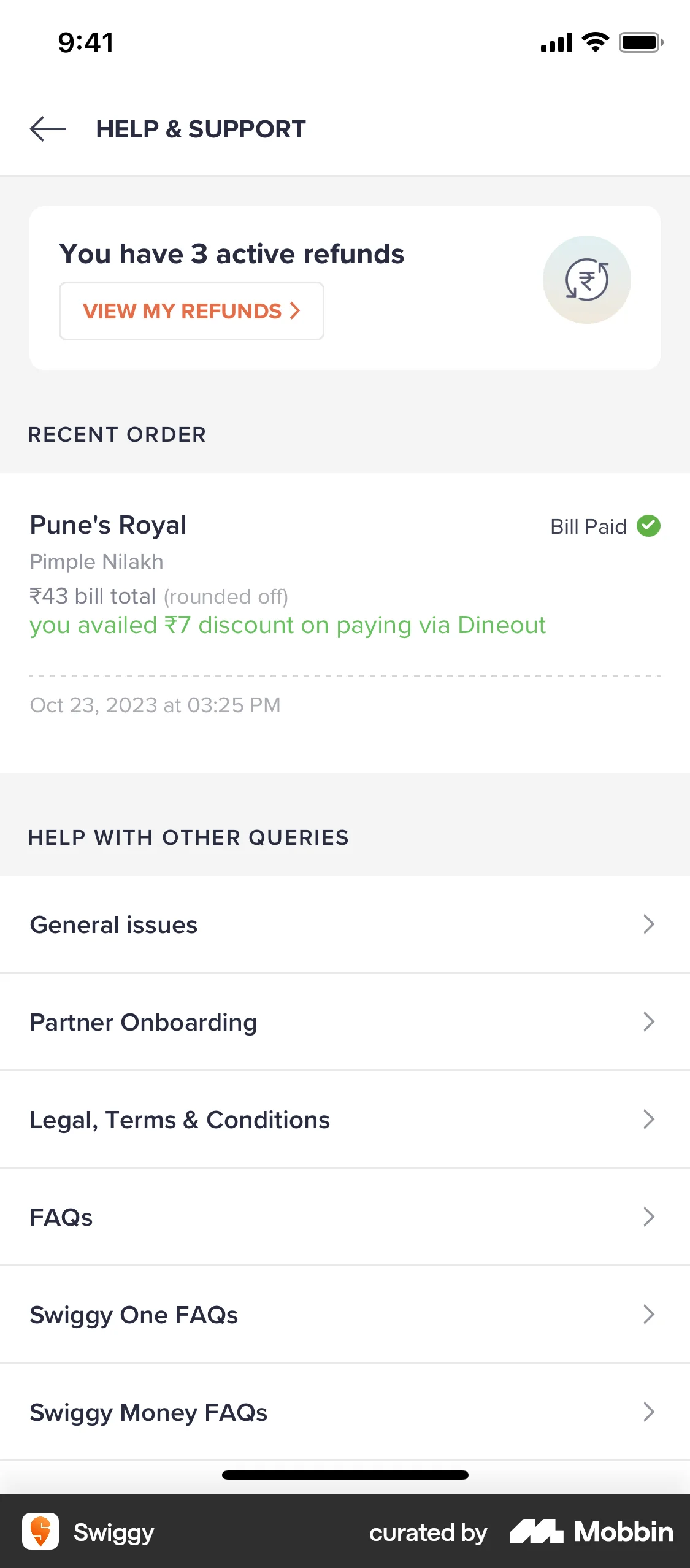 Swiggy iOS Help & Support screen