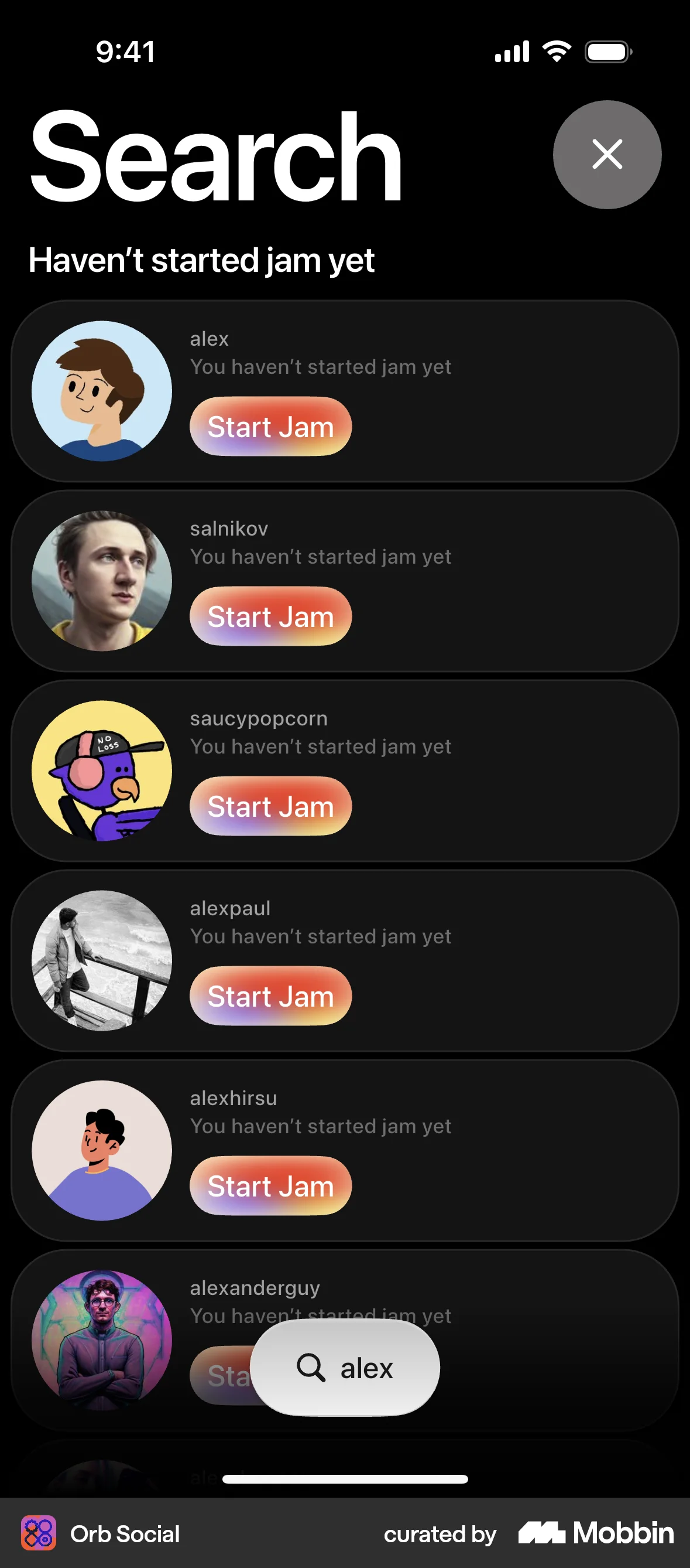 Orb Social iOS screen containing Full-Screen Overlay UI element