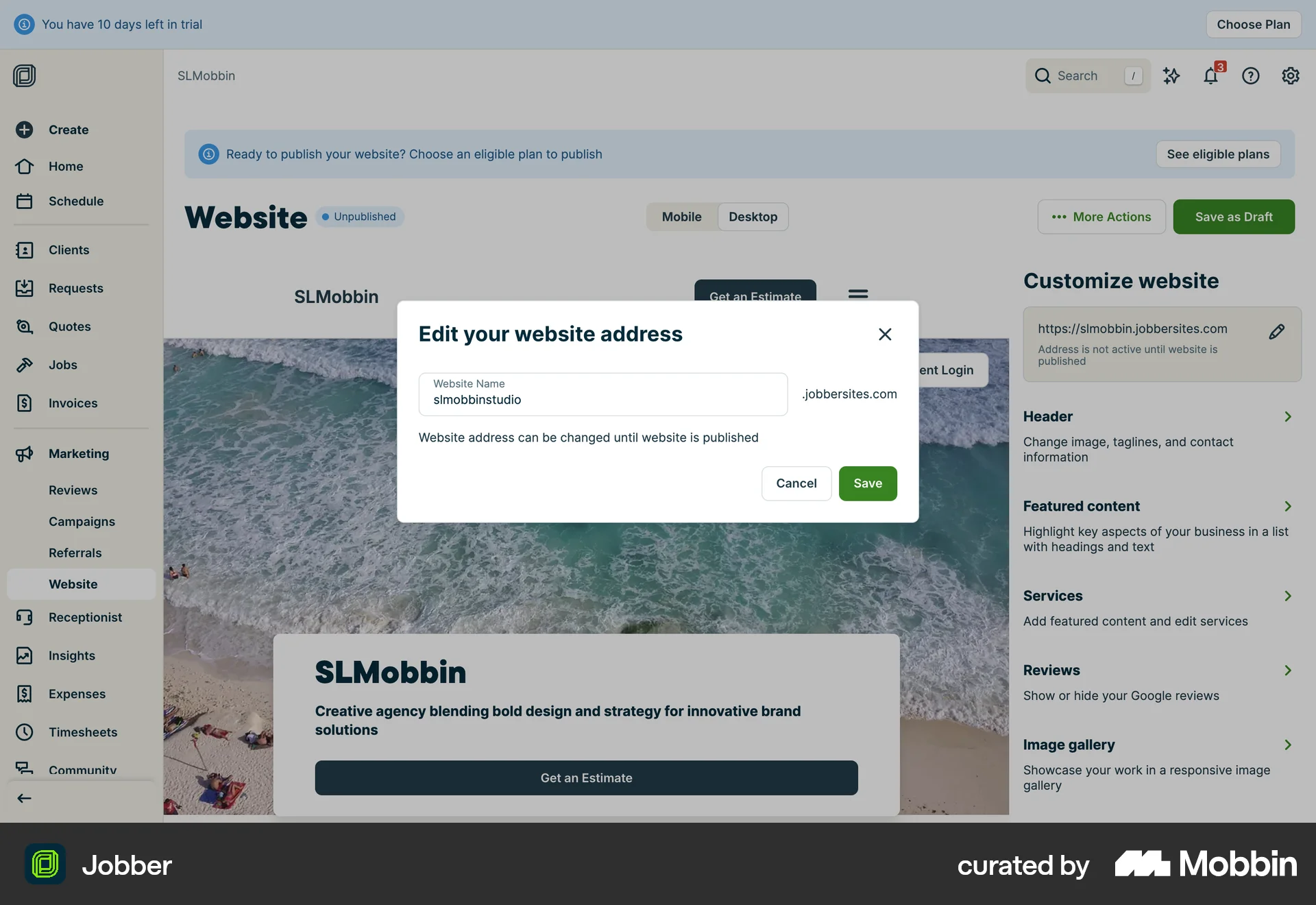 Jobber Web Edit screen