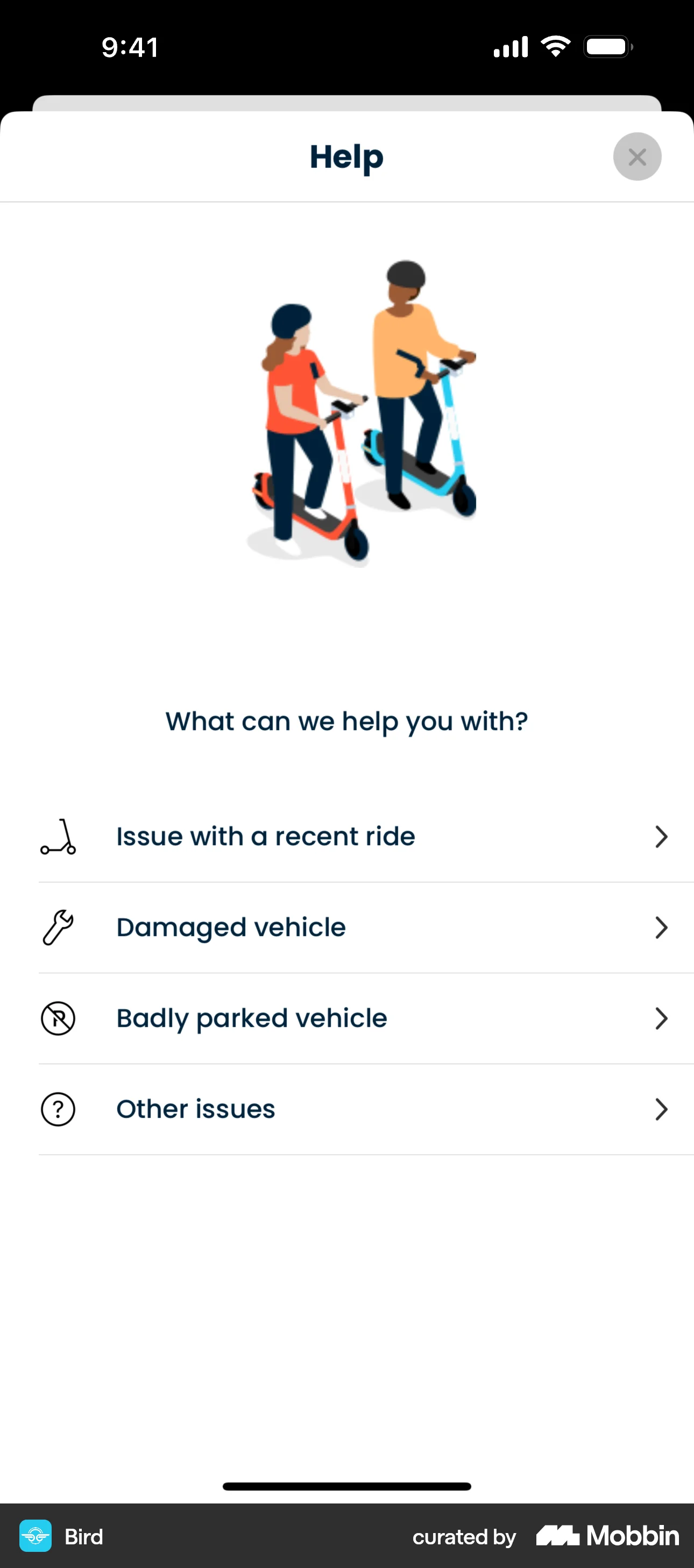 Bird iOS Help & Support screen