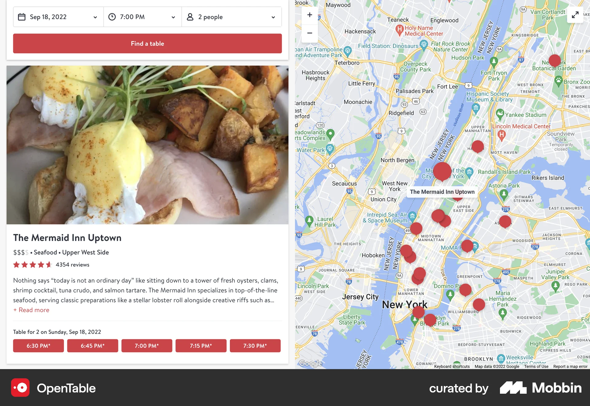 OpenTable Web Map screen