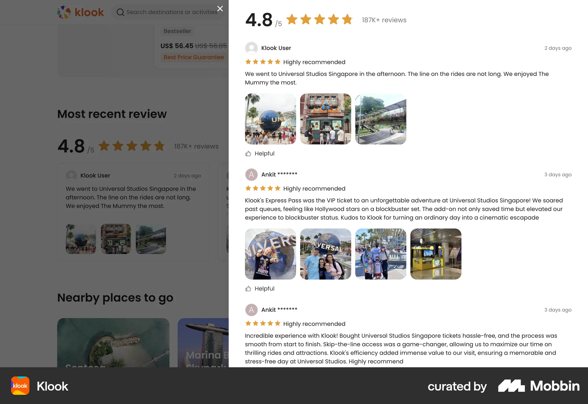 Klook Web Reviews & Ratings screen