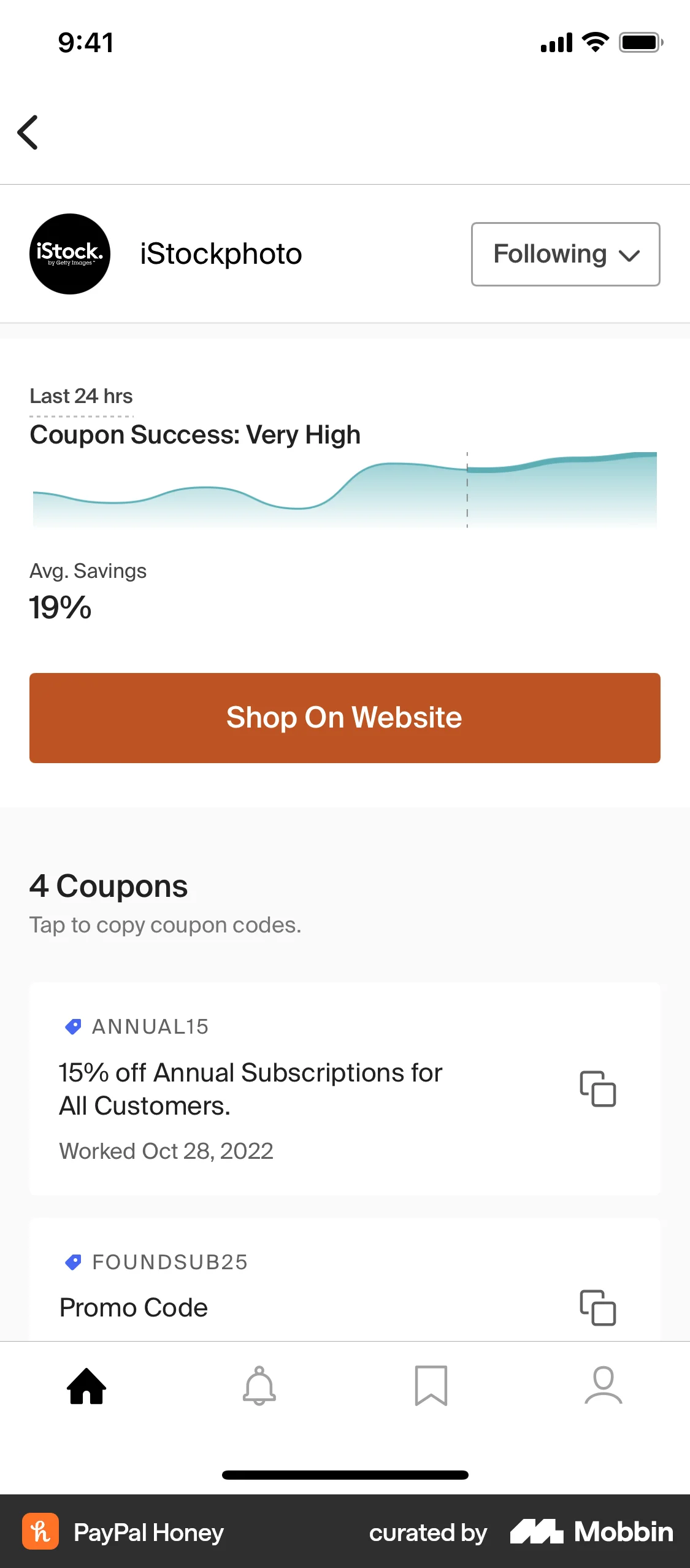 PayPal Honey iOS Follow & Subscribe screen
