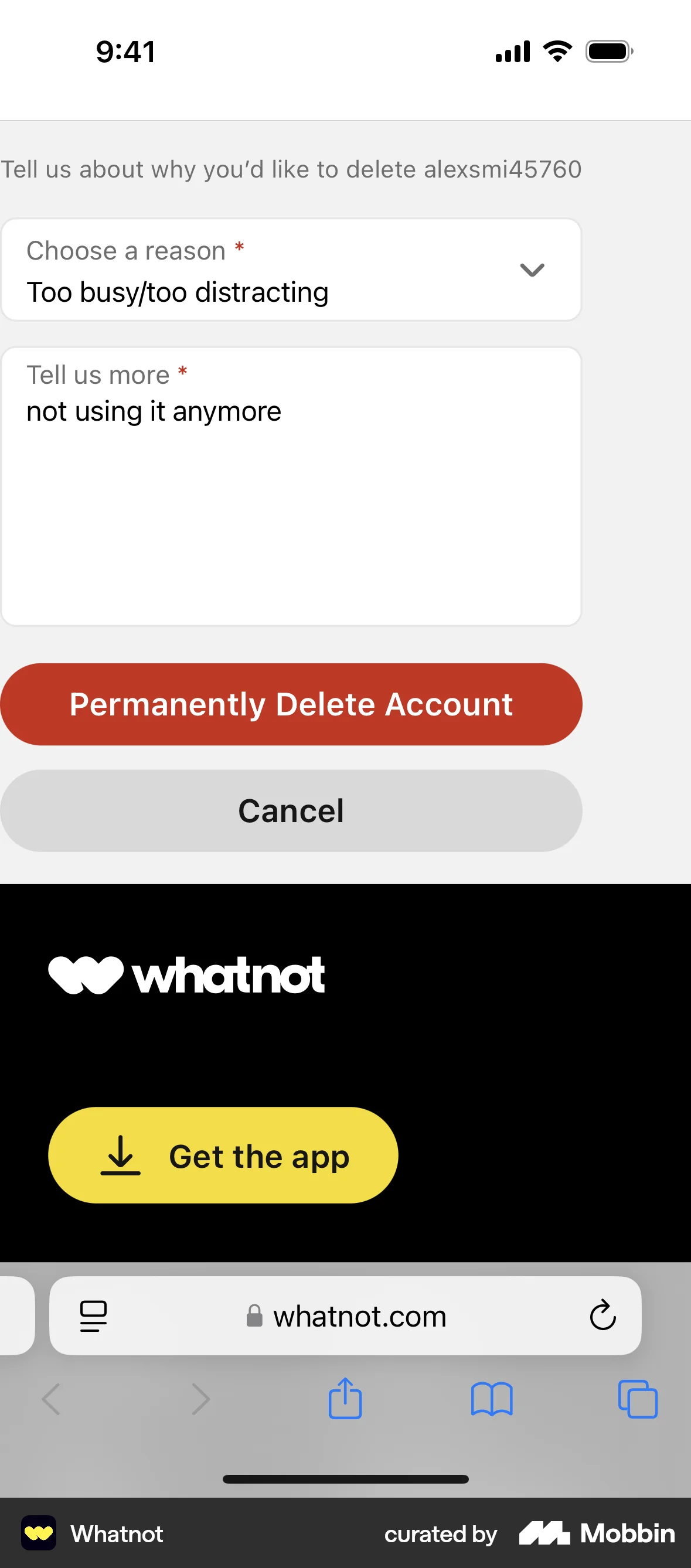 Whatnot iOS Delete & Deactivate Account screen