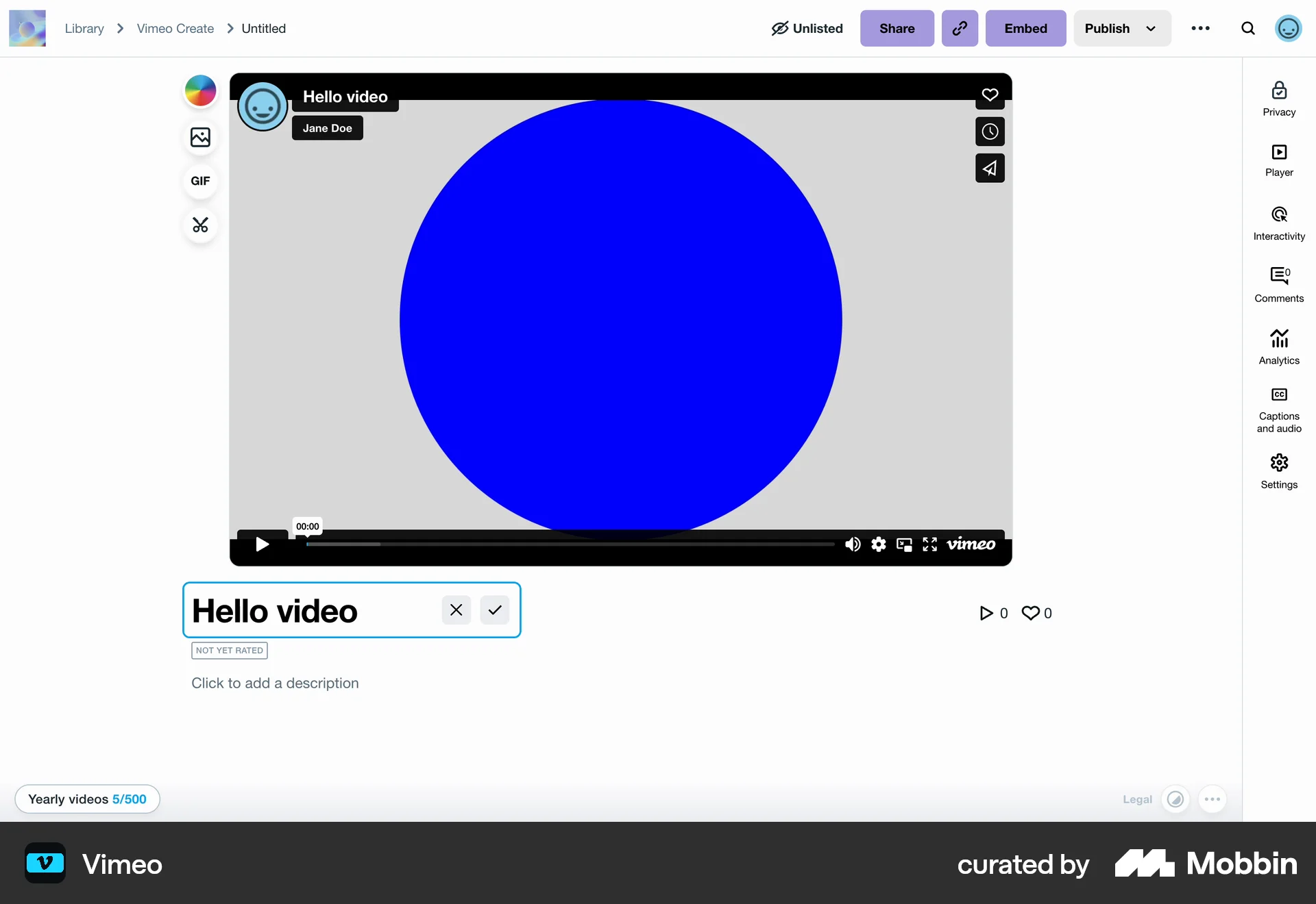 Vimeo Web screen containing Editable Text UI element