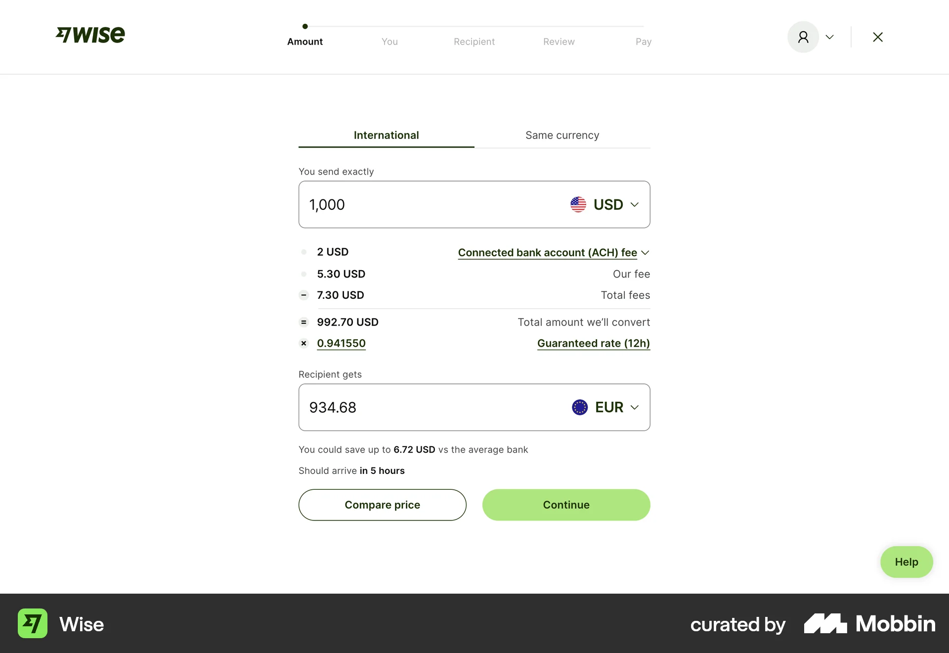 Wise Web Transfer & Send Money screen