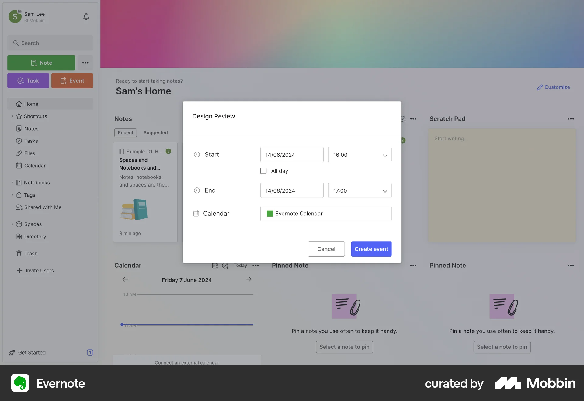 Evernote Web Schedule screen
