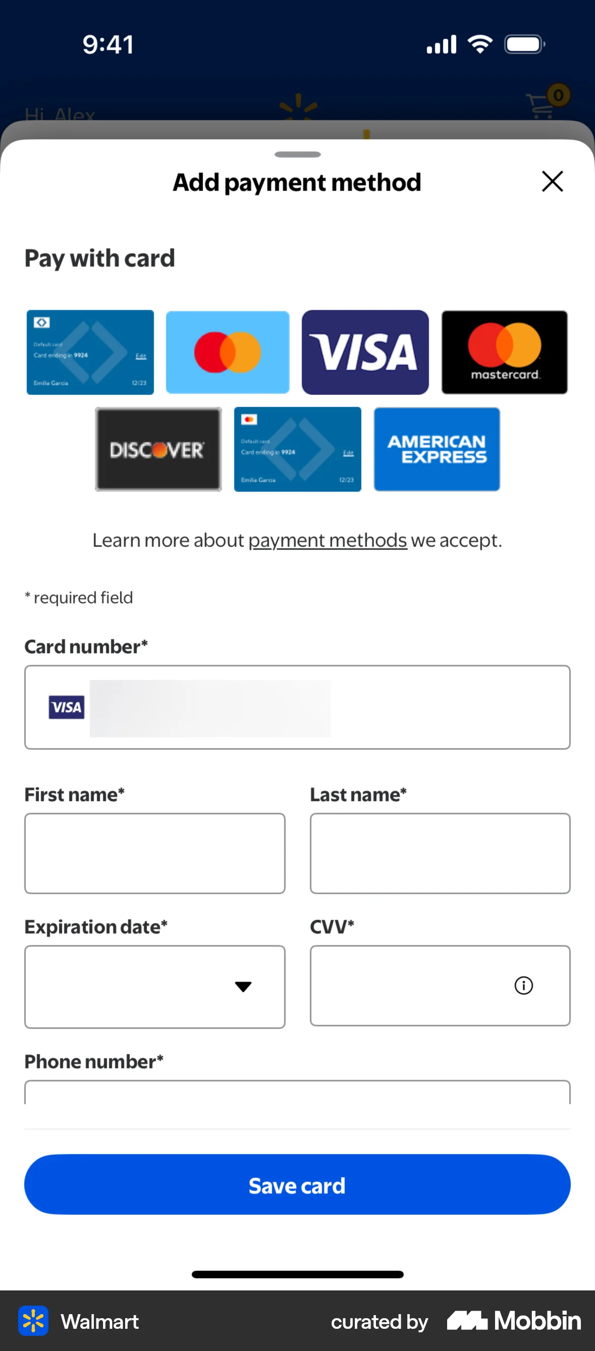 Walmart iOS Payment Method screen