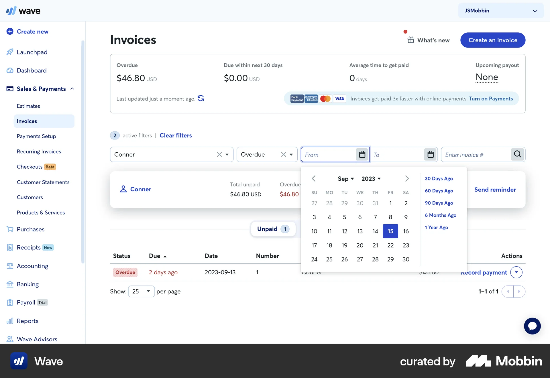 Wave Web screen containing Date Picker UI element