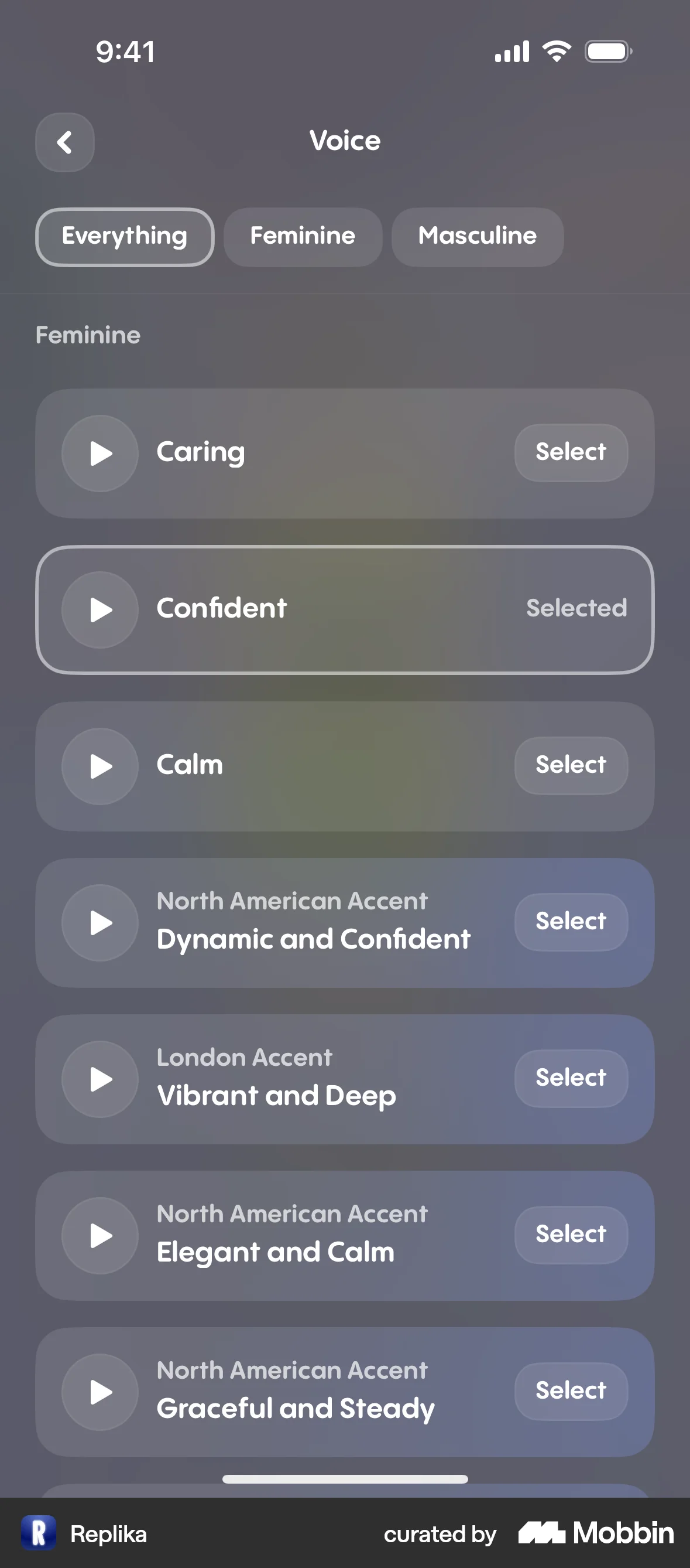 Replika iOS Glassmorphism screen
