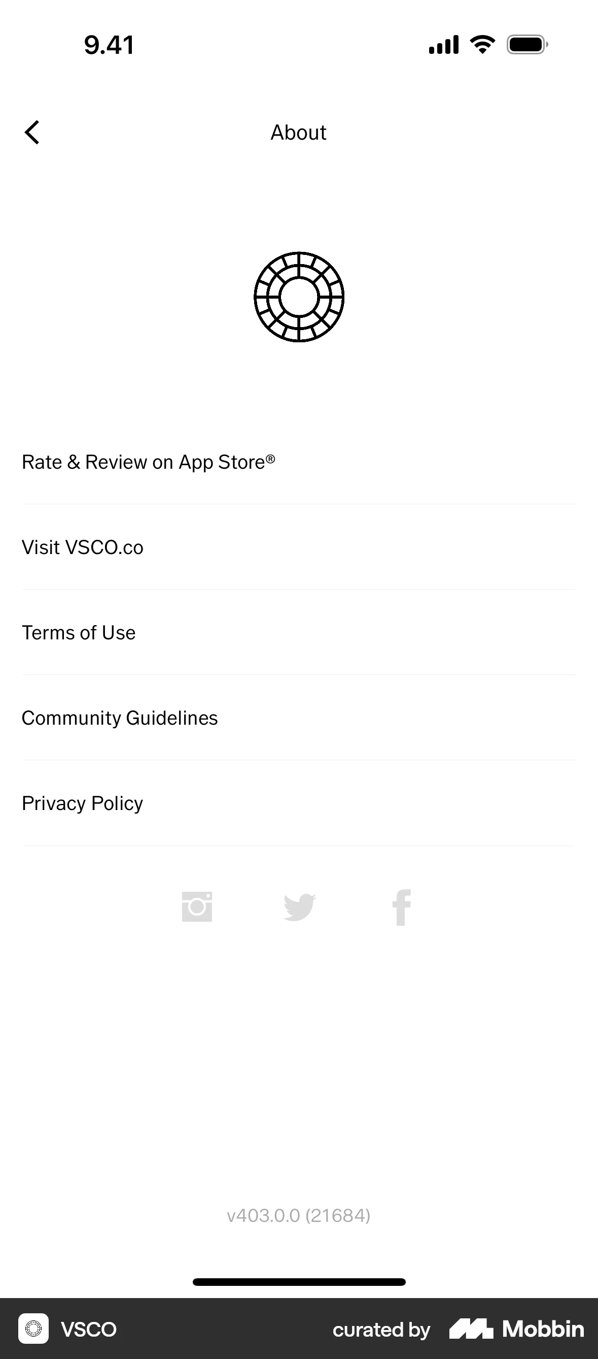 VSCO iOS About screen