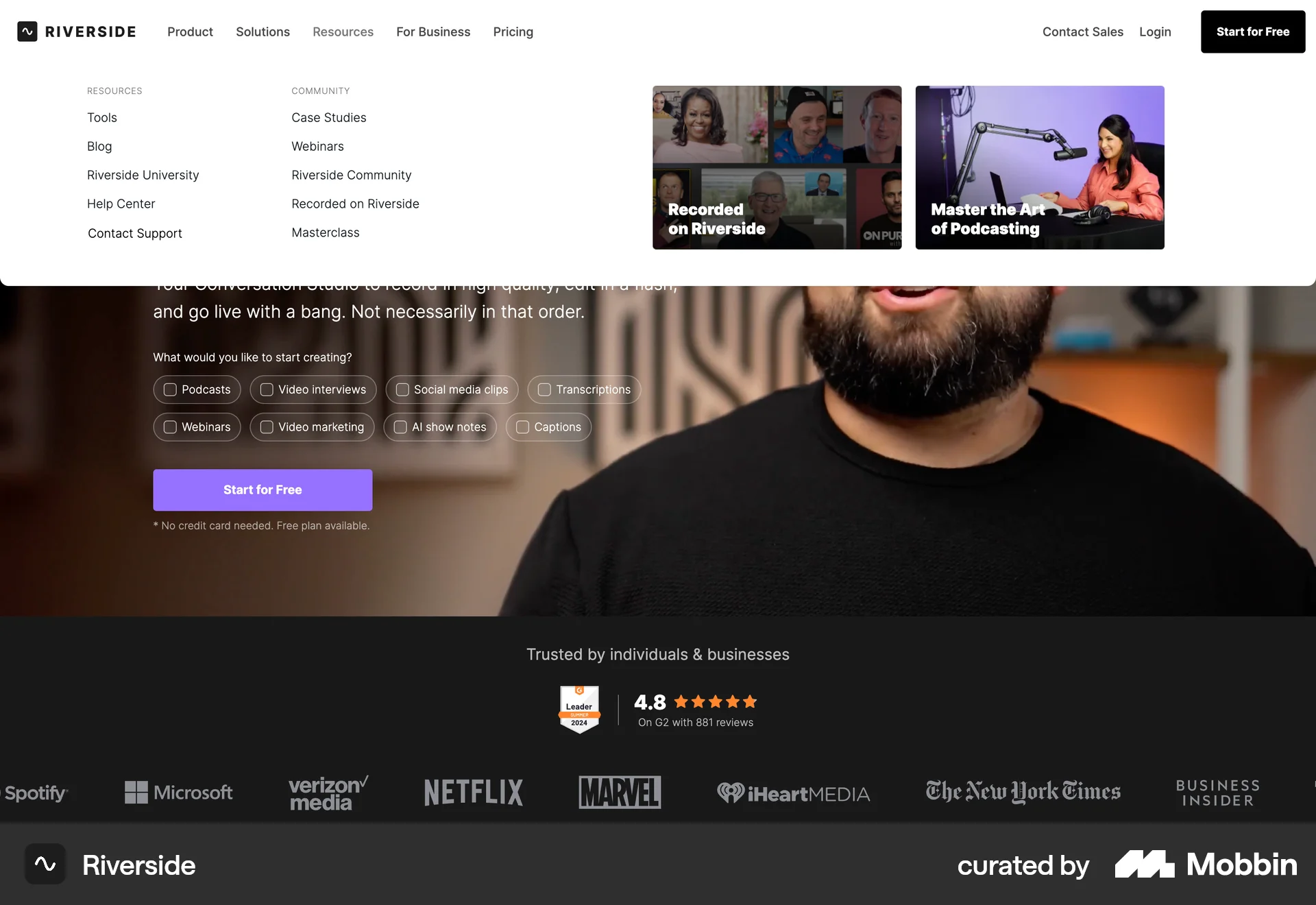 Riverside Web screen containing Navigation Menu UI element