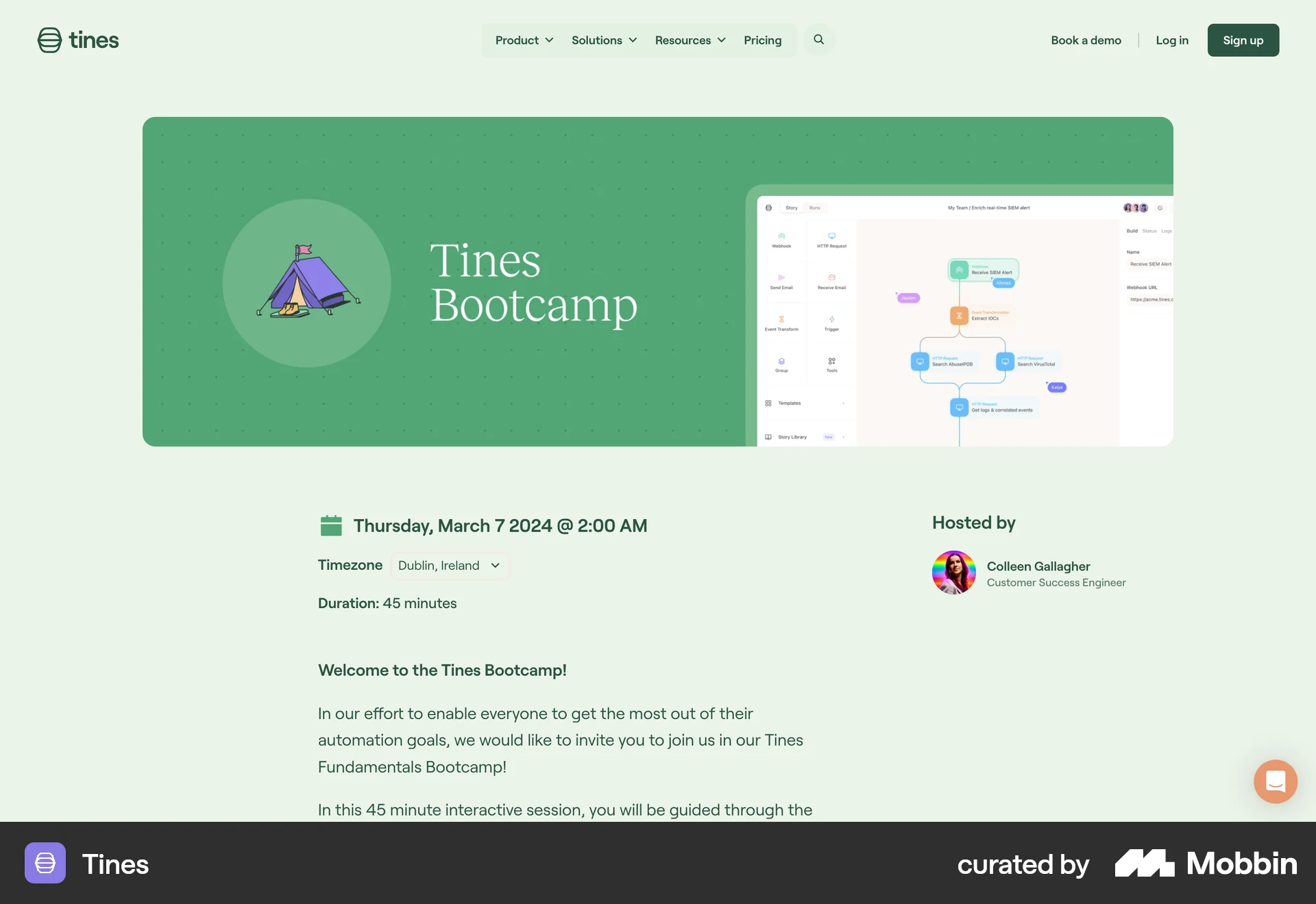 Tines Web Event Detail screen