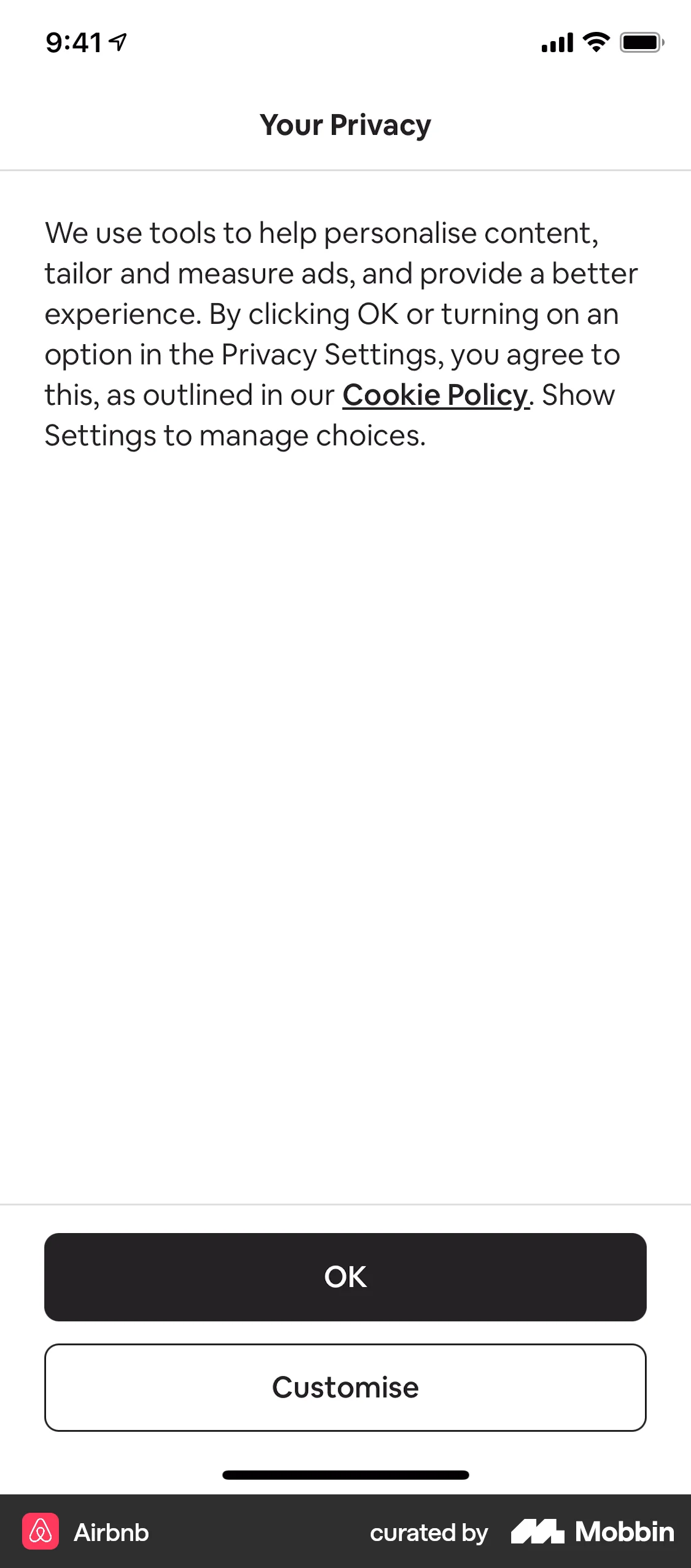 Airbnb iOS Privacy Policy screen