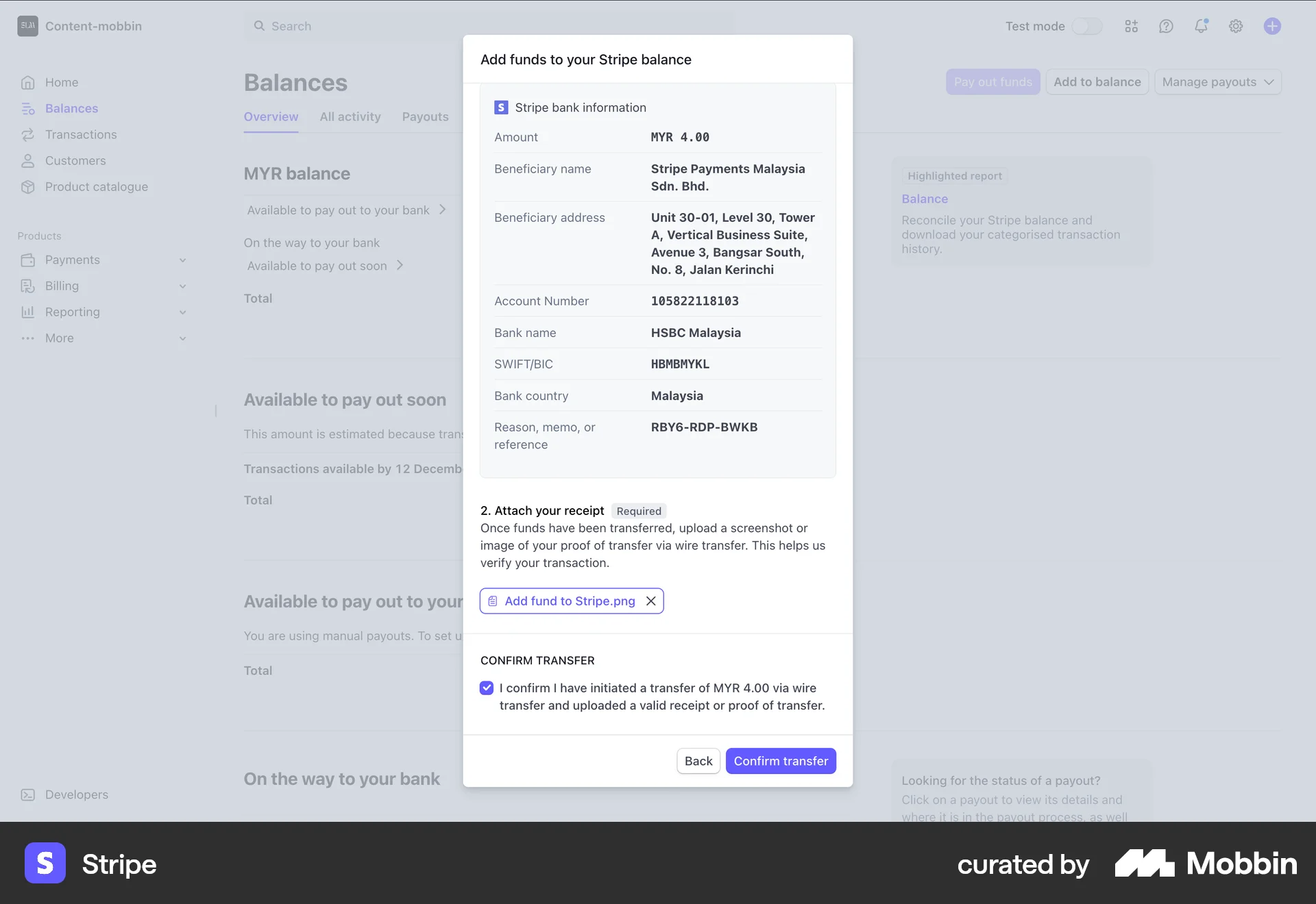 Stripe Web Transfer & Send Money screen
