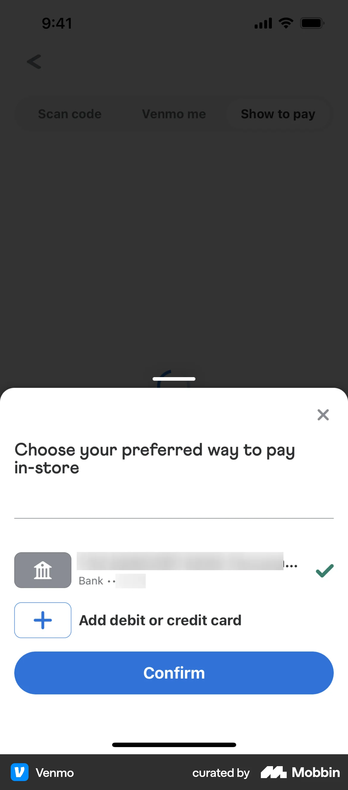 Venmo iOS Payment Method screen