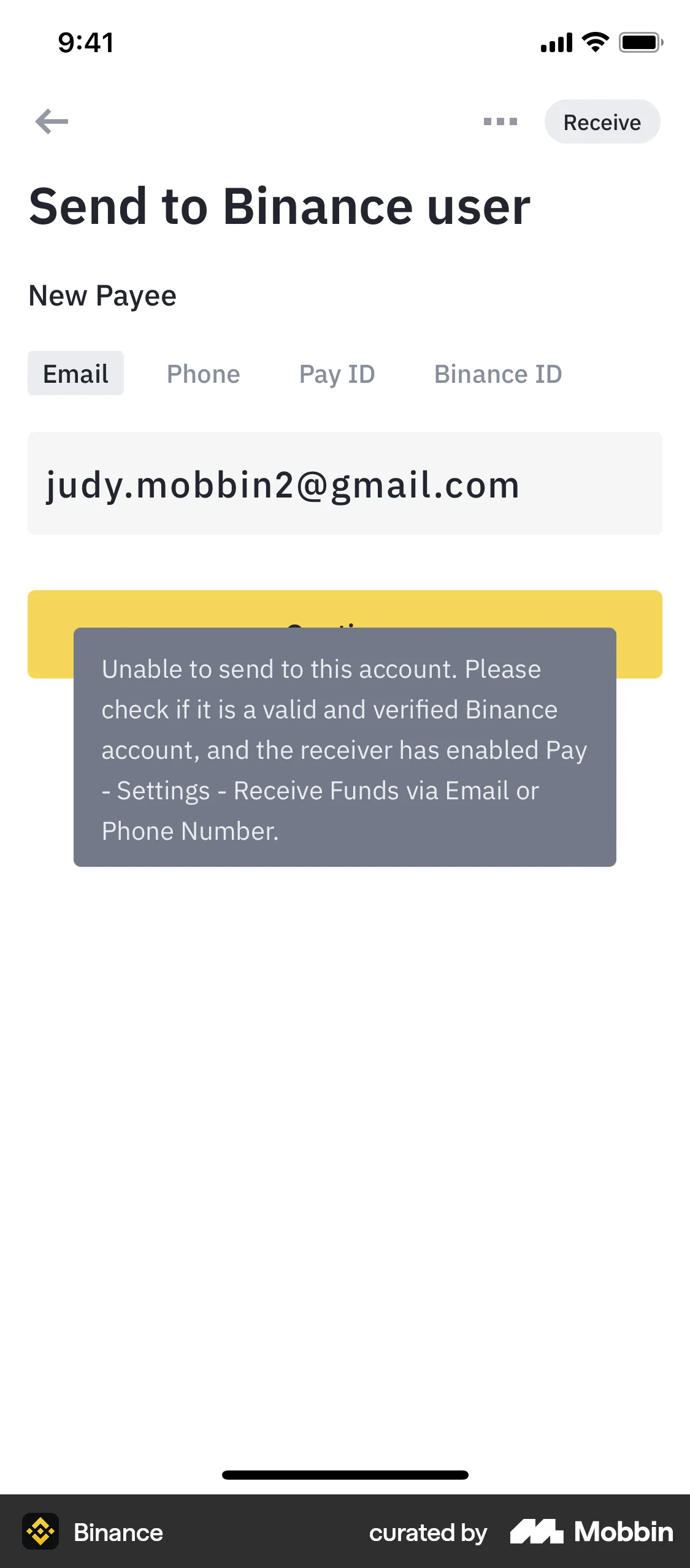 Binance iOS screen containing Toast UI element