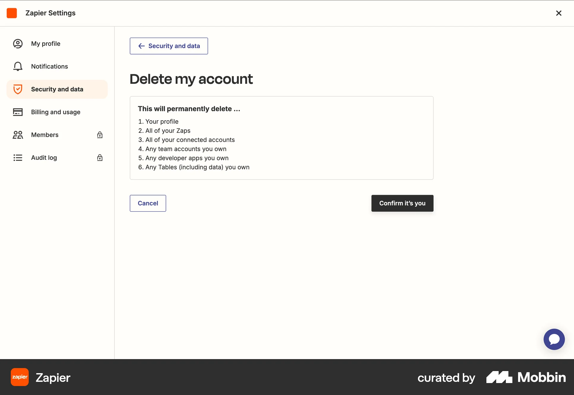 Zapier Web Delete & Deactivate Account screen