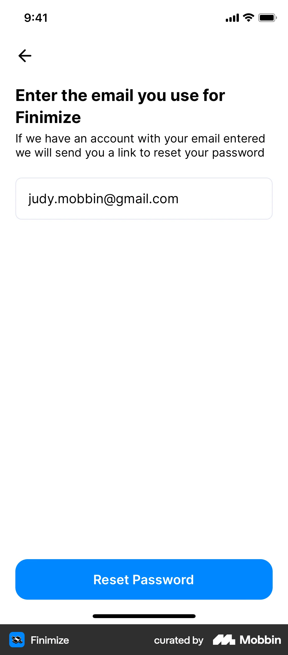 Finimize iOS Forgot Password screen