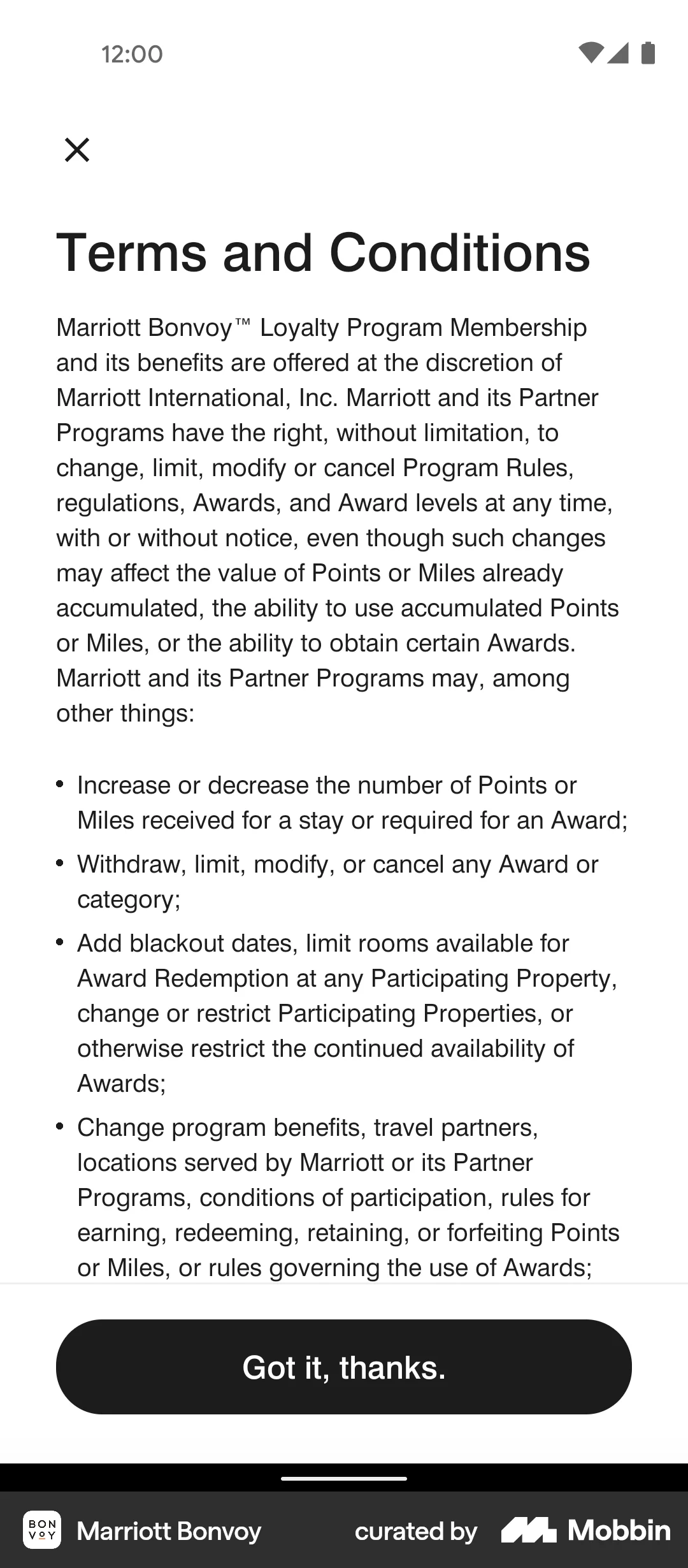 Marriott Bonvoy Android Terms & Conditions screen
