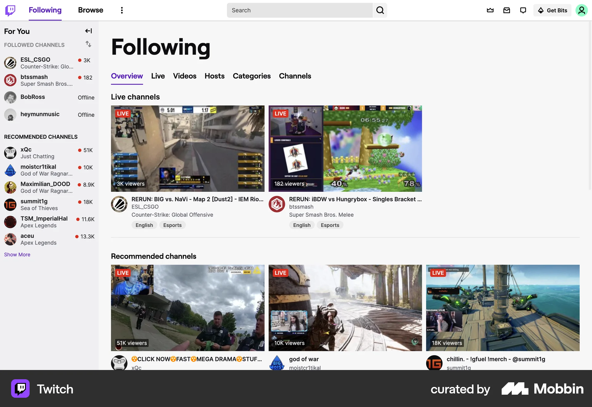 Twitch Web Followers & Following screen