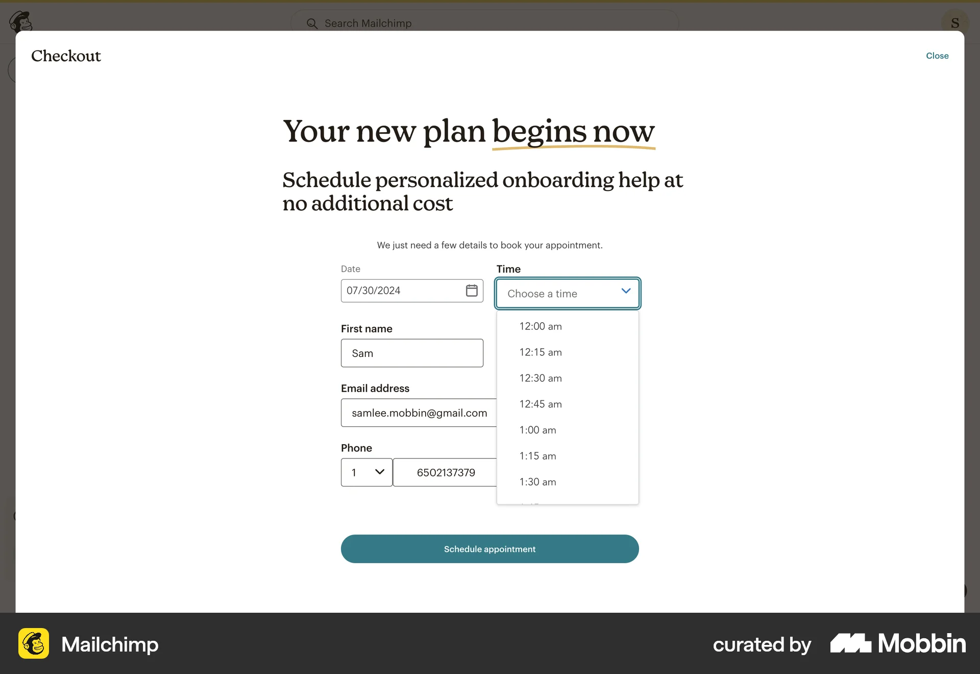 Mailchimp Web screen containing Time Picker UI element
