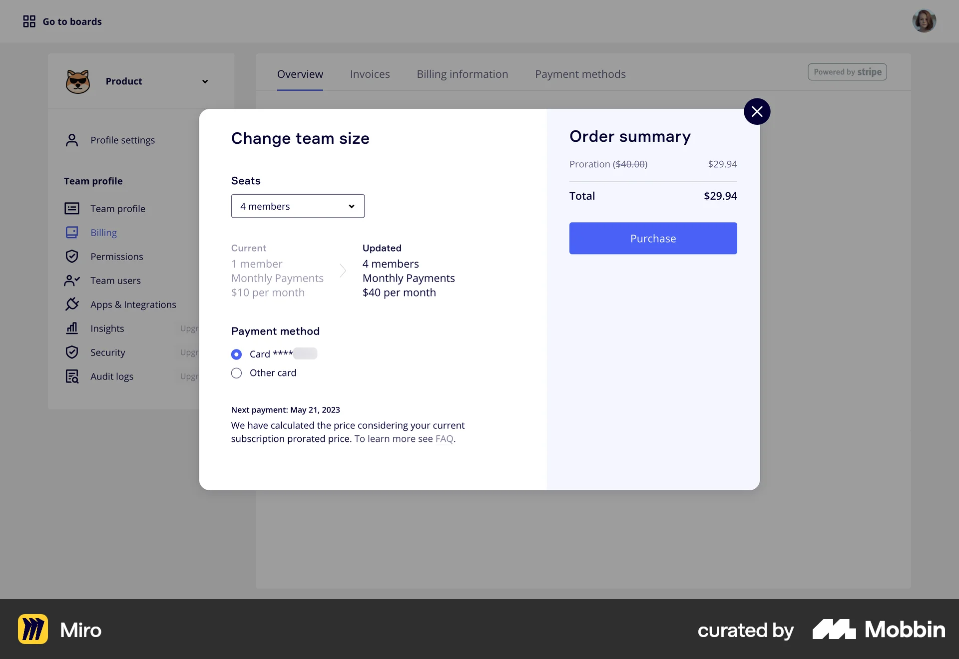 Miro Web Checkout screen