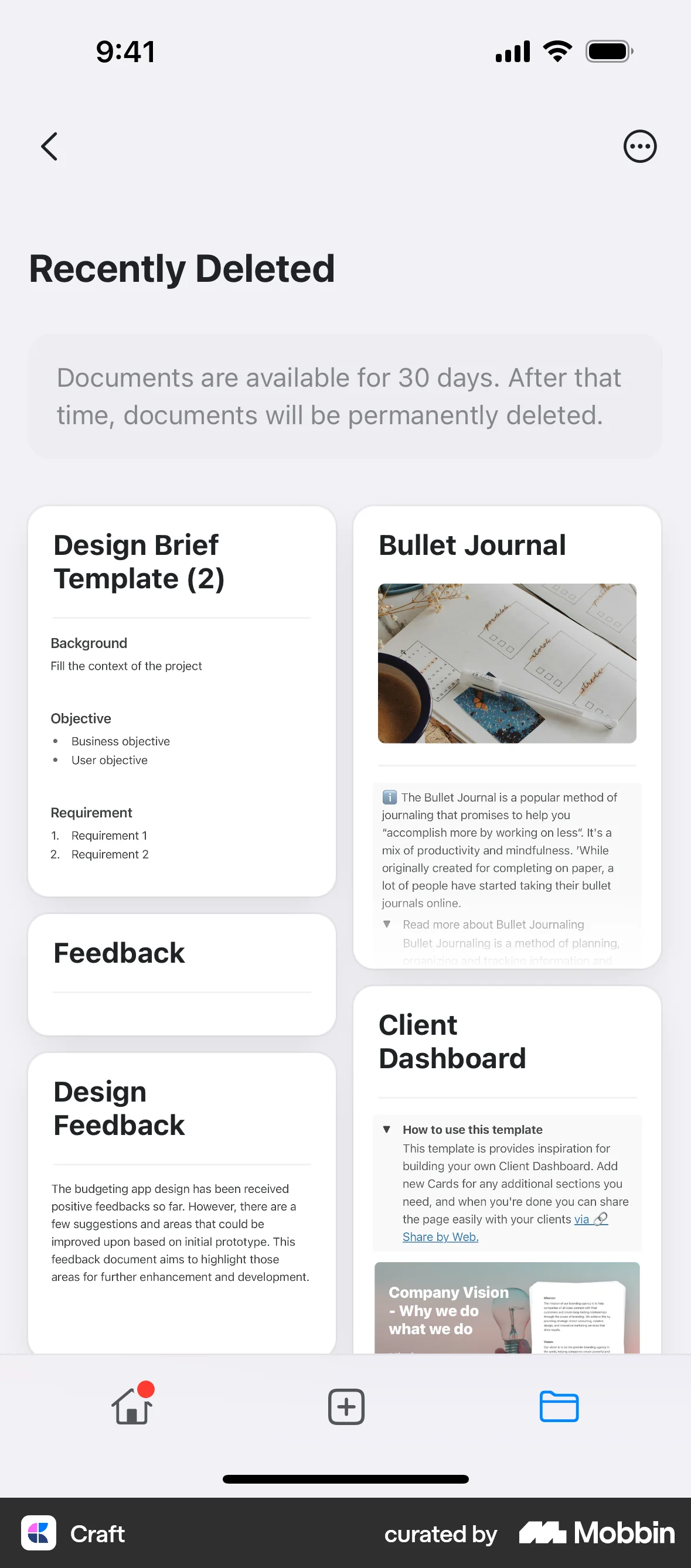 Craft iOS Trash & Archive screen