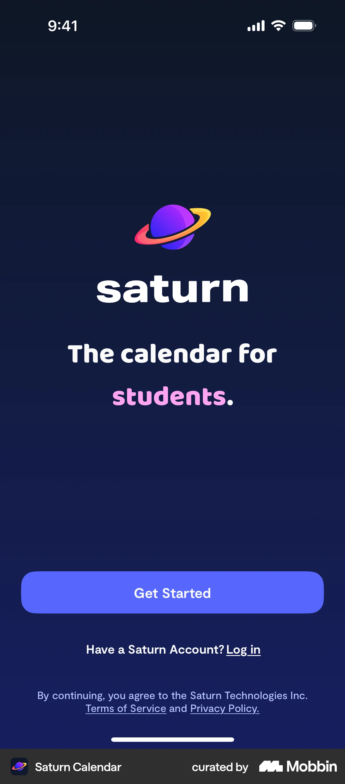 Saturn Calendar iOS Welcome & Get Started screen