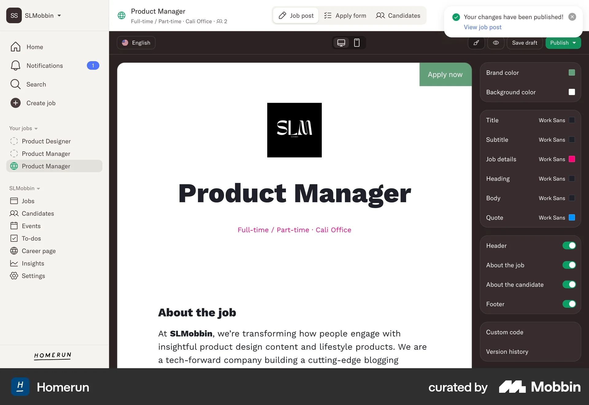 Homerun Web screen containing Toast UI element