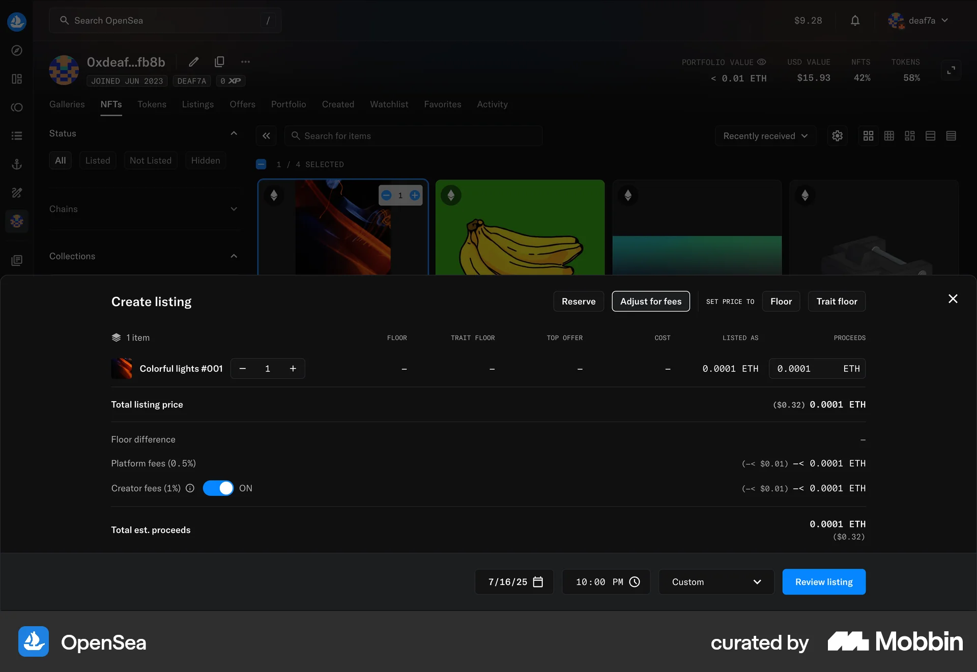 OpenSea Web Pricing screen