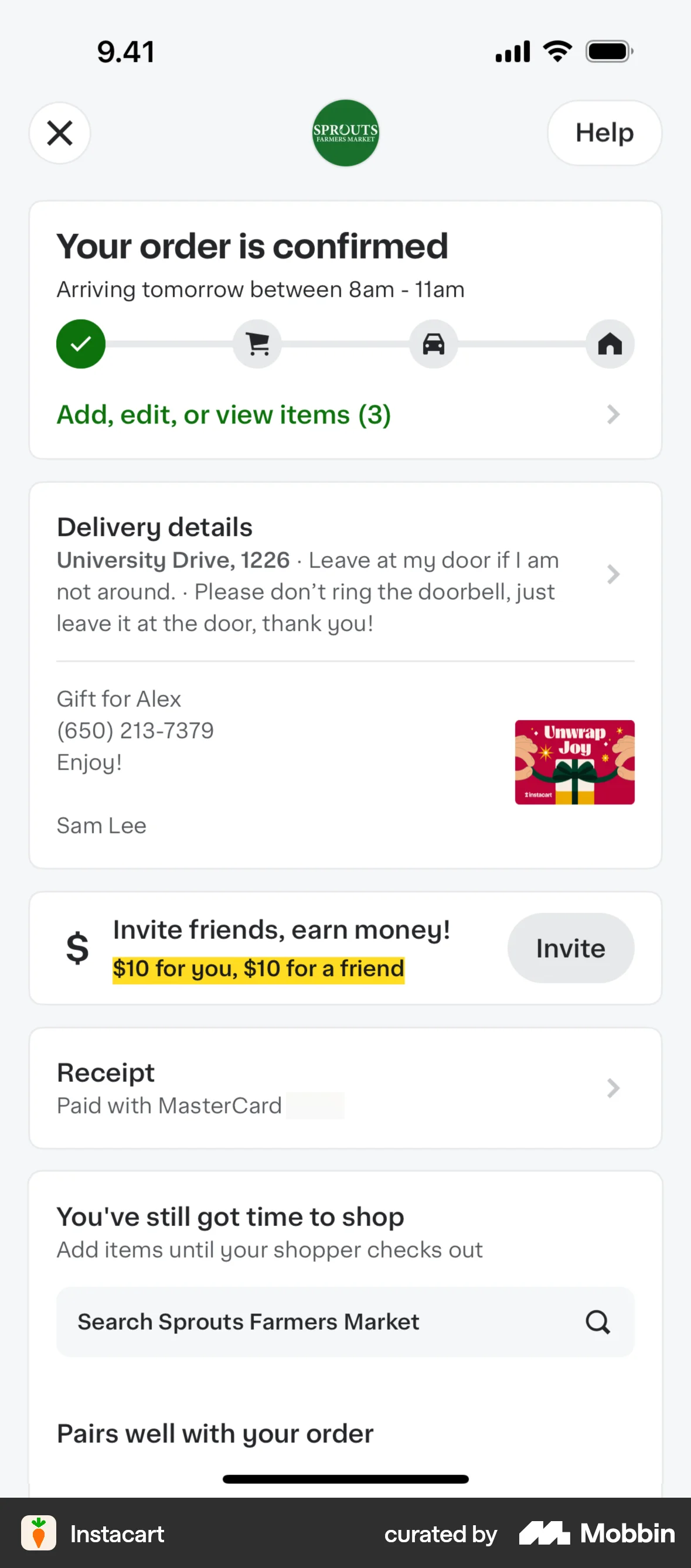 Instacart iOS Order Confirmation screen