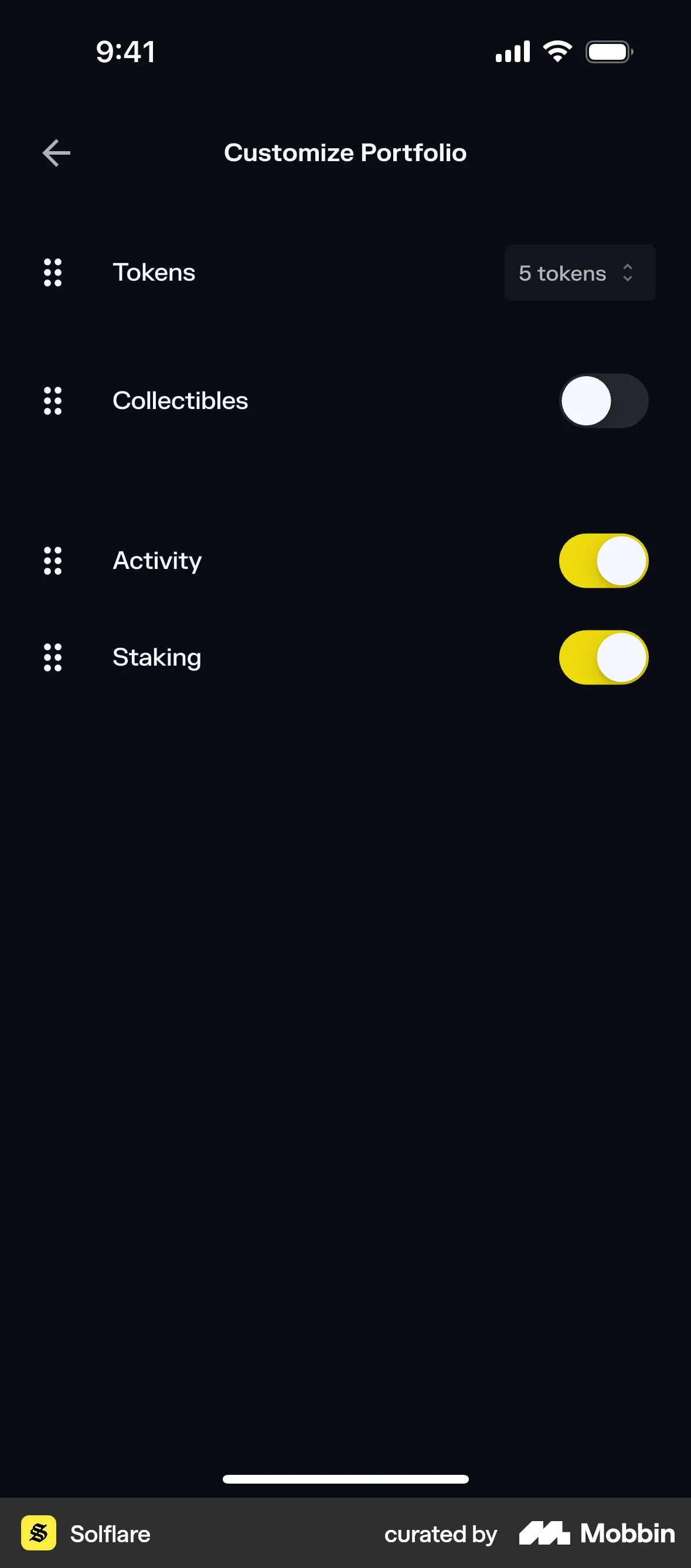 Solflare iOS Reorder screen