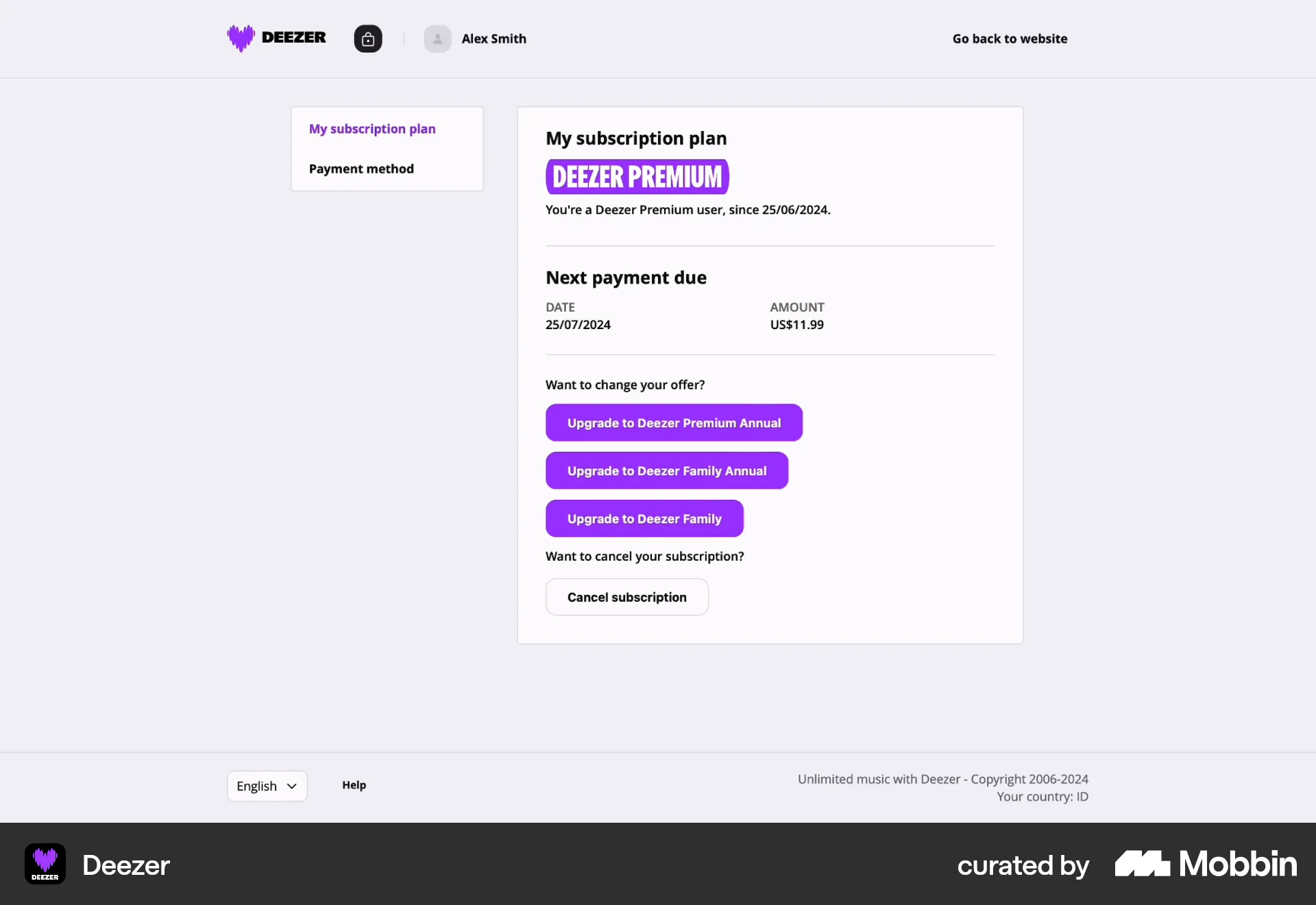 Deezer Web Billing screen