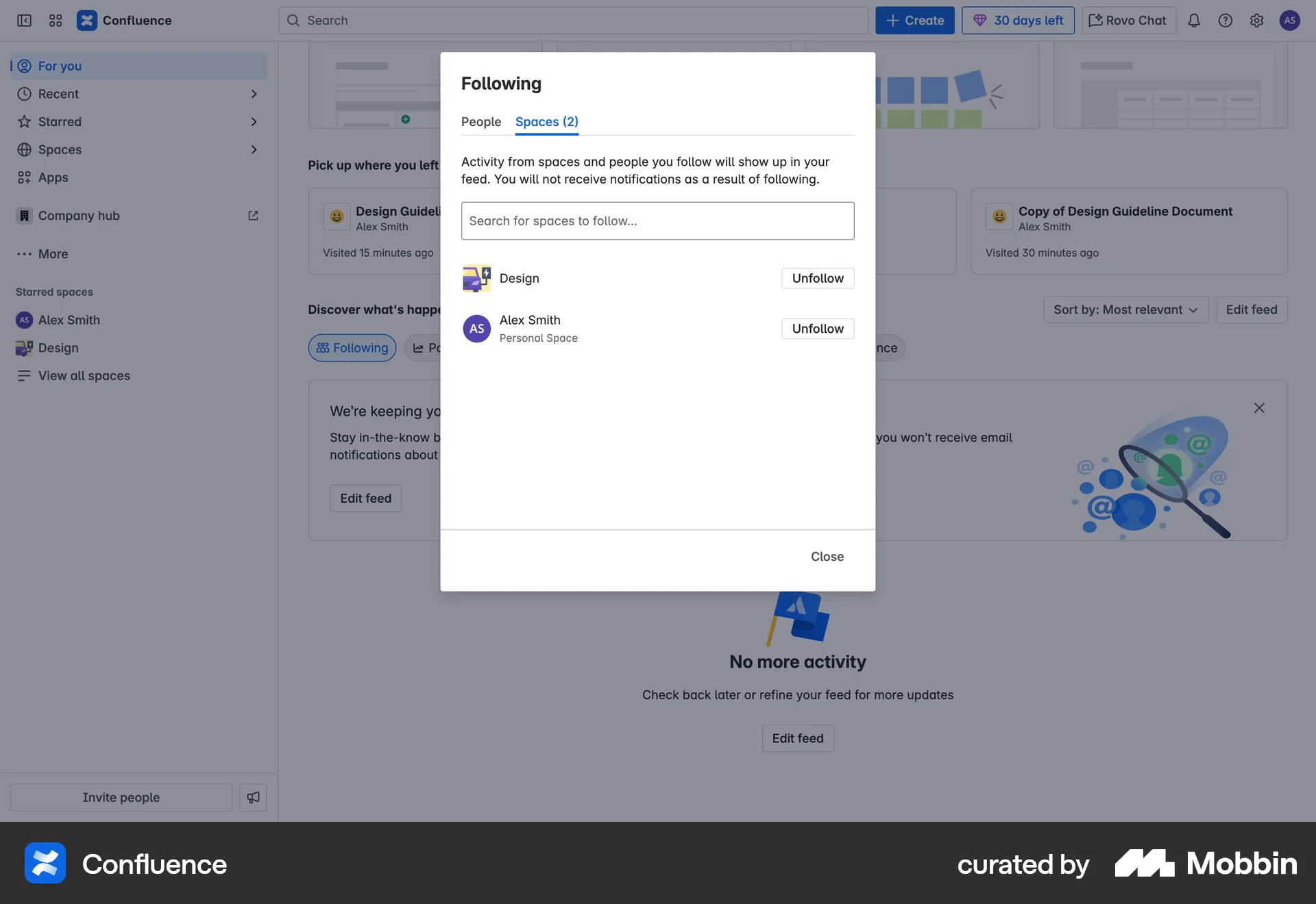 Confluence Web Followers & Following screen