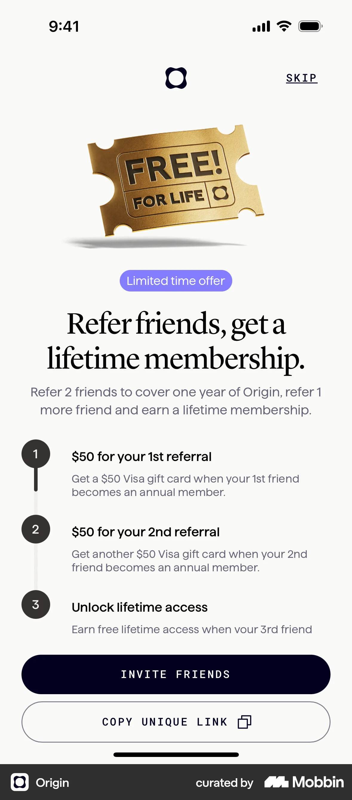 Origin iOS Invite & Refer Friends screen