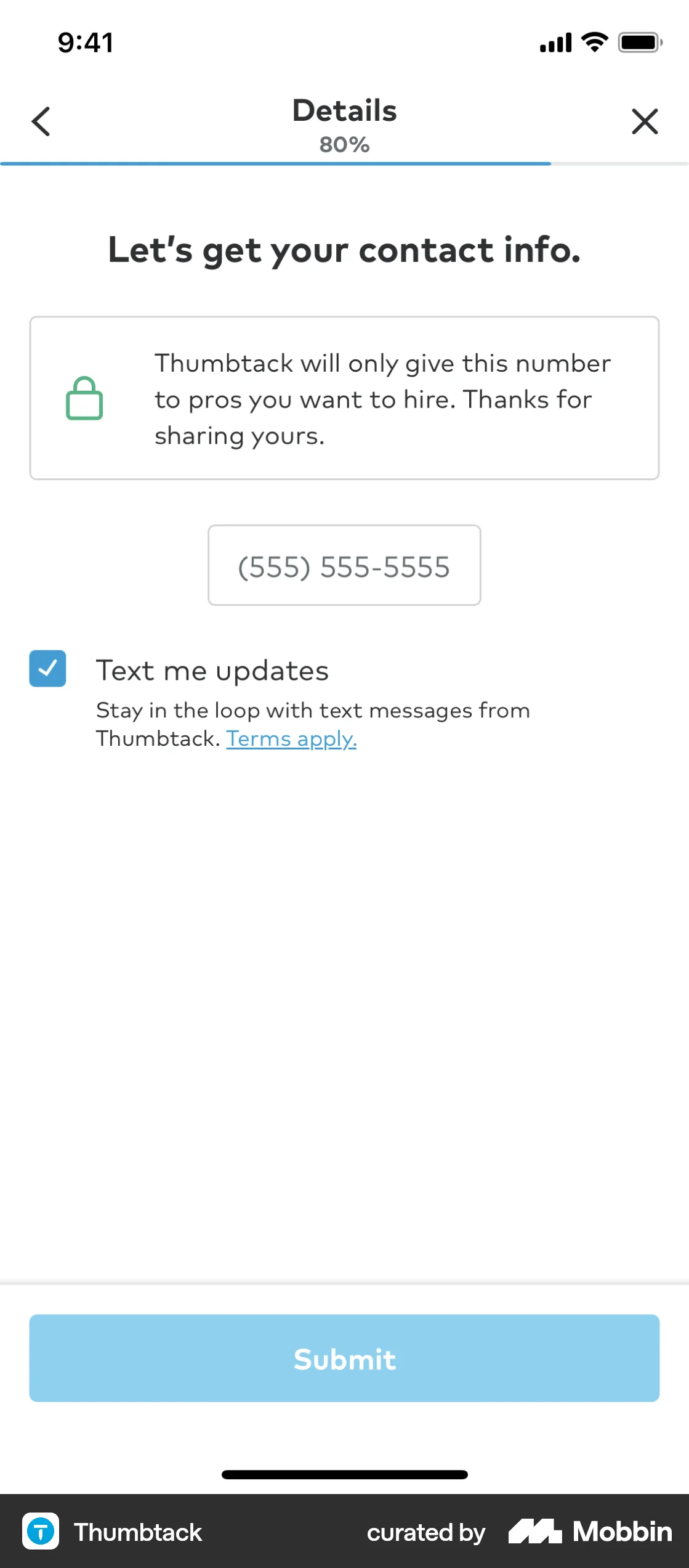 Thumbtack iOS screen containing Progress Indicator UI element