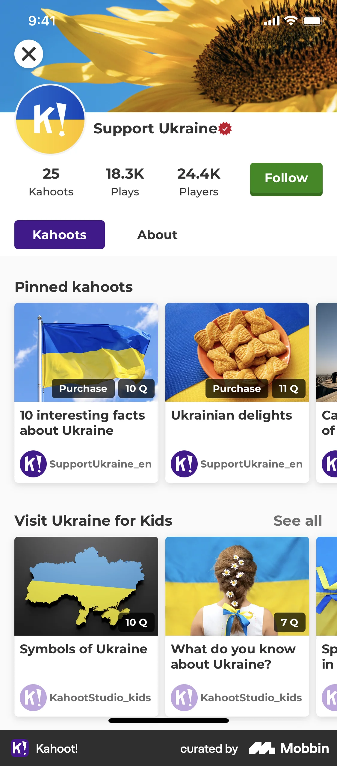 Kahoot! iOS Follow & Subscribe screen