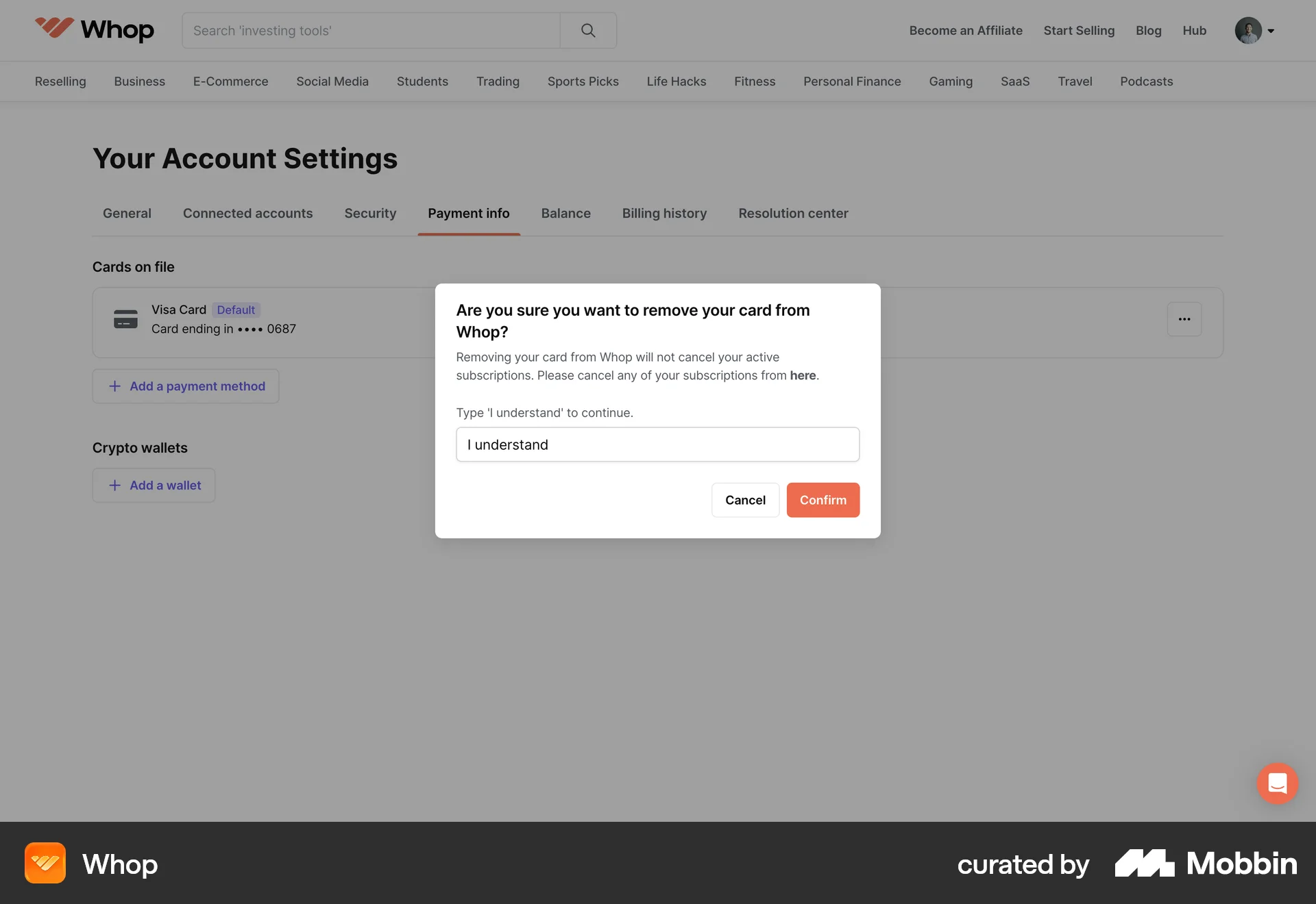 Whop Web Delete screen