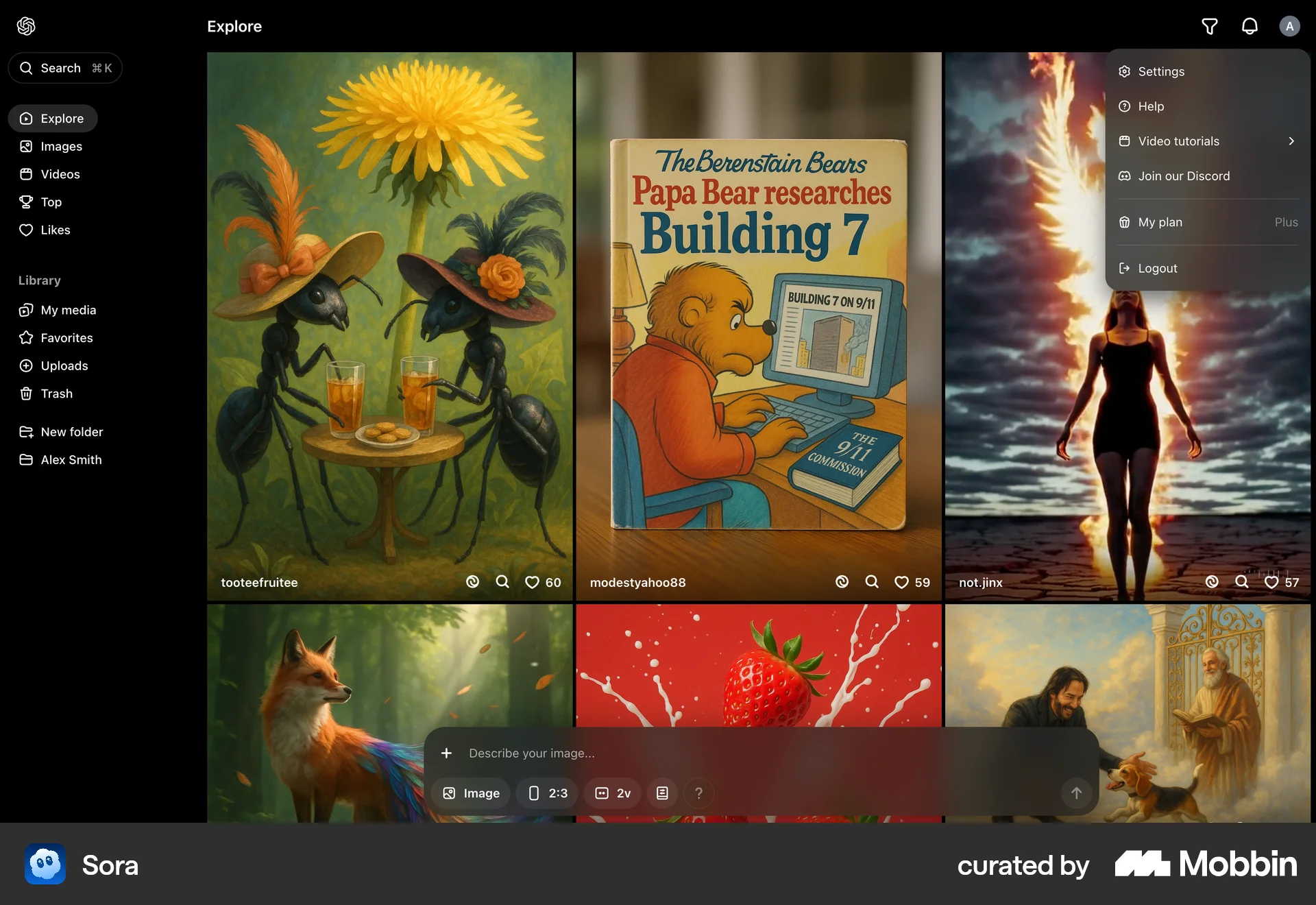 Sora Web screen containing Dropdown Menu UI element