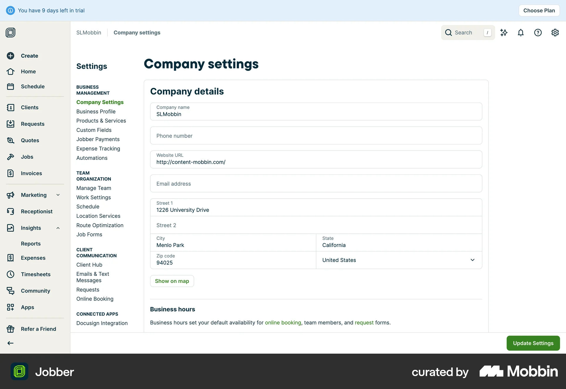 Jobber Web Settings & Preferences screen