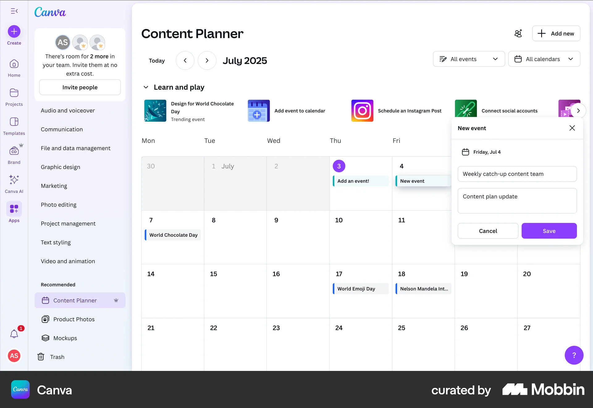Canva Web Schedule screen
