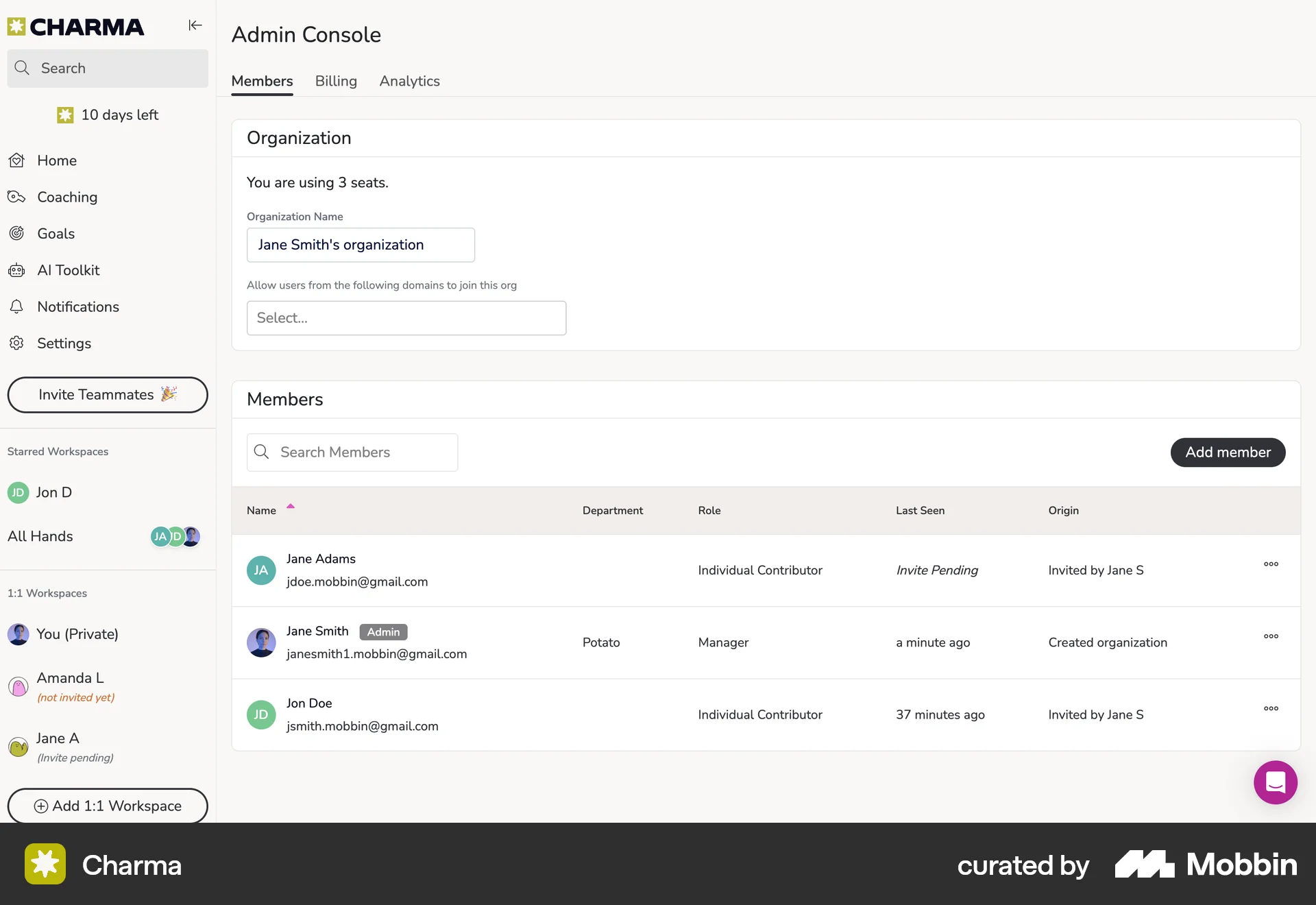 Charma Web Admin UI screen