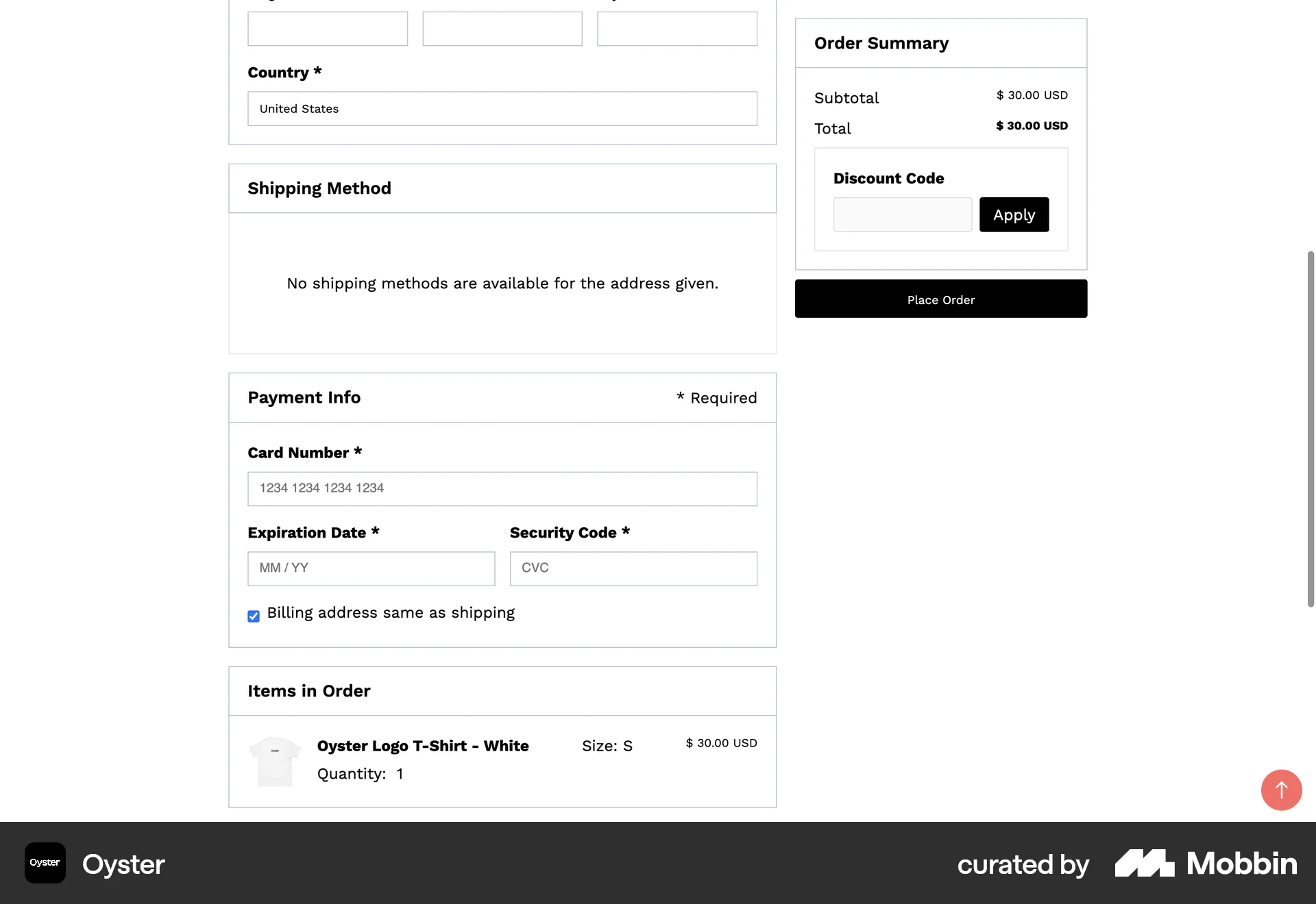 Oyster Web Checkout screen