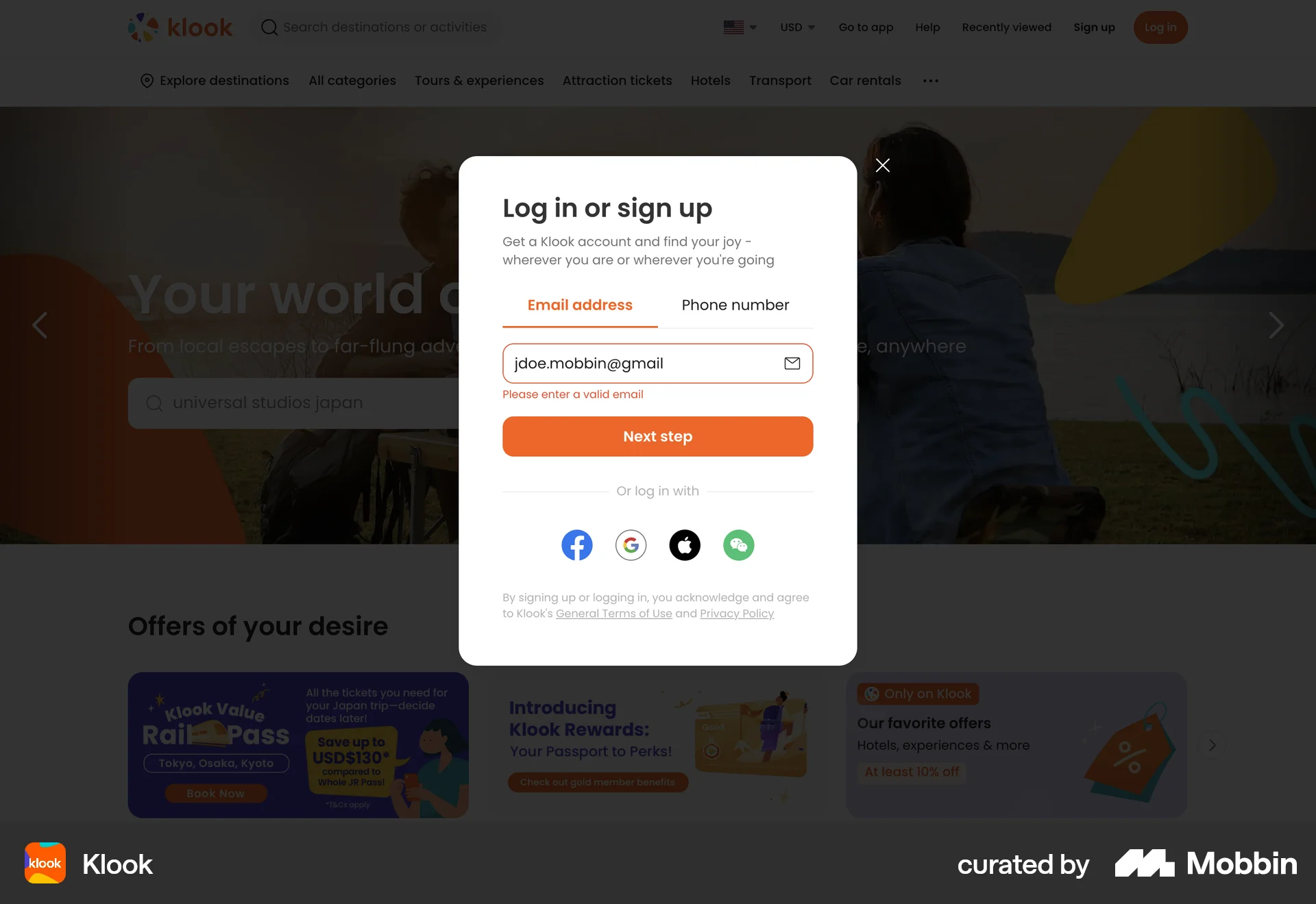 Klook Web Login screen