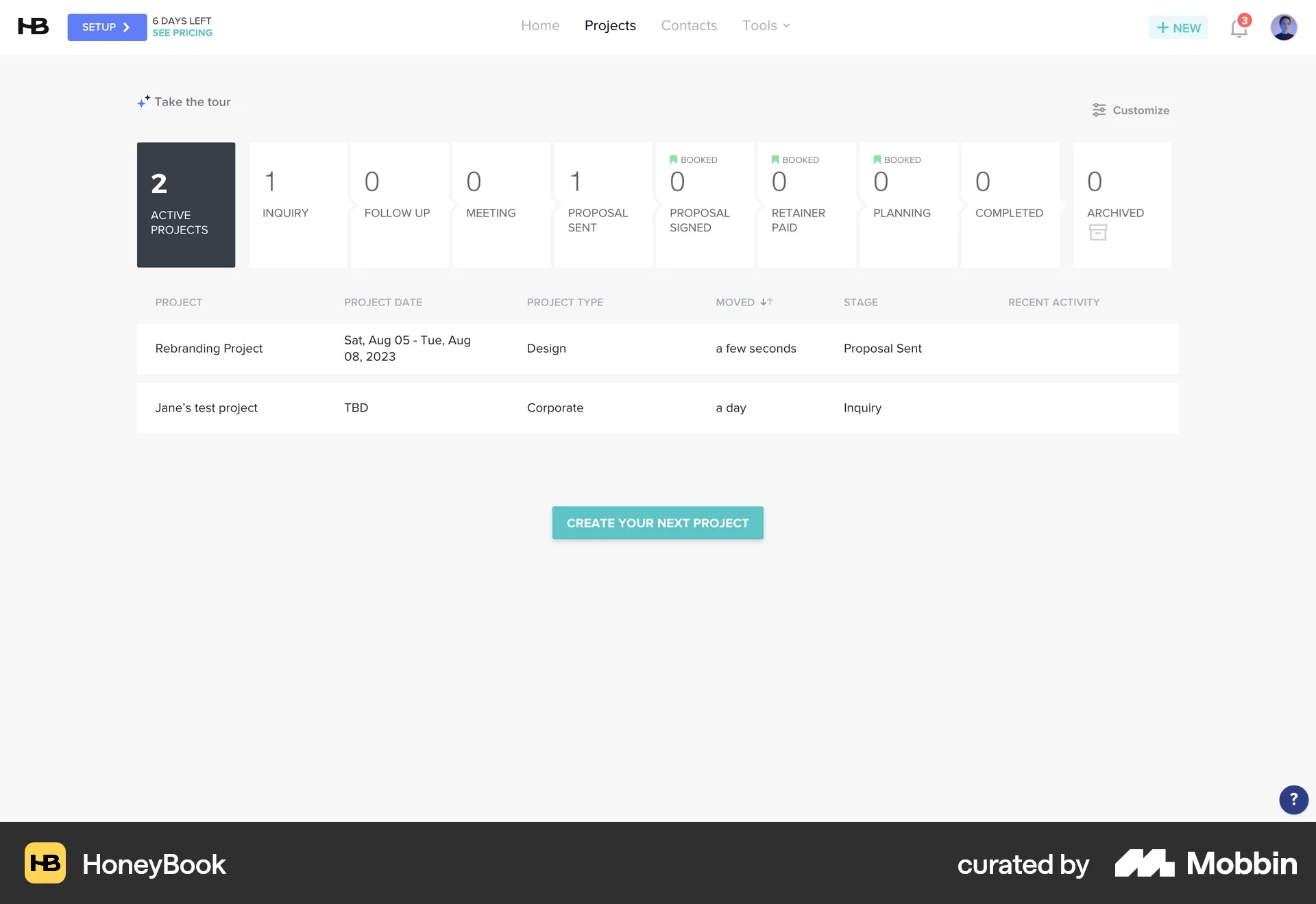 HoneyBook Web Timeline & History screen