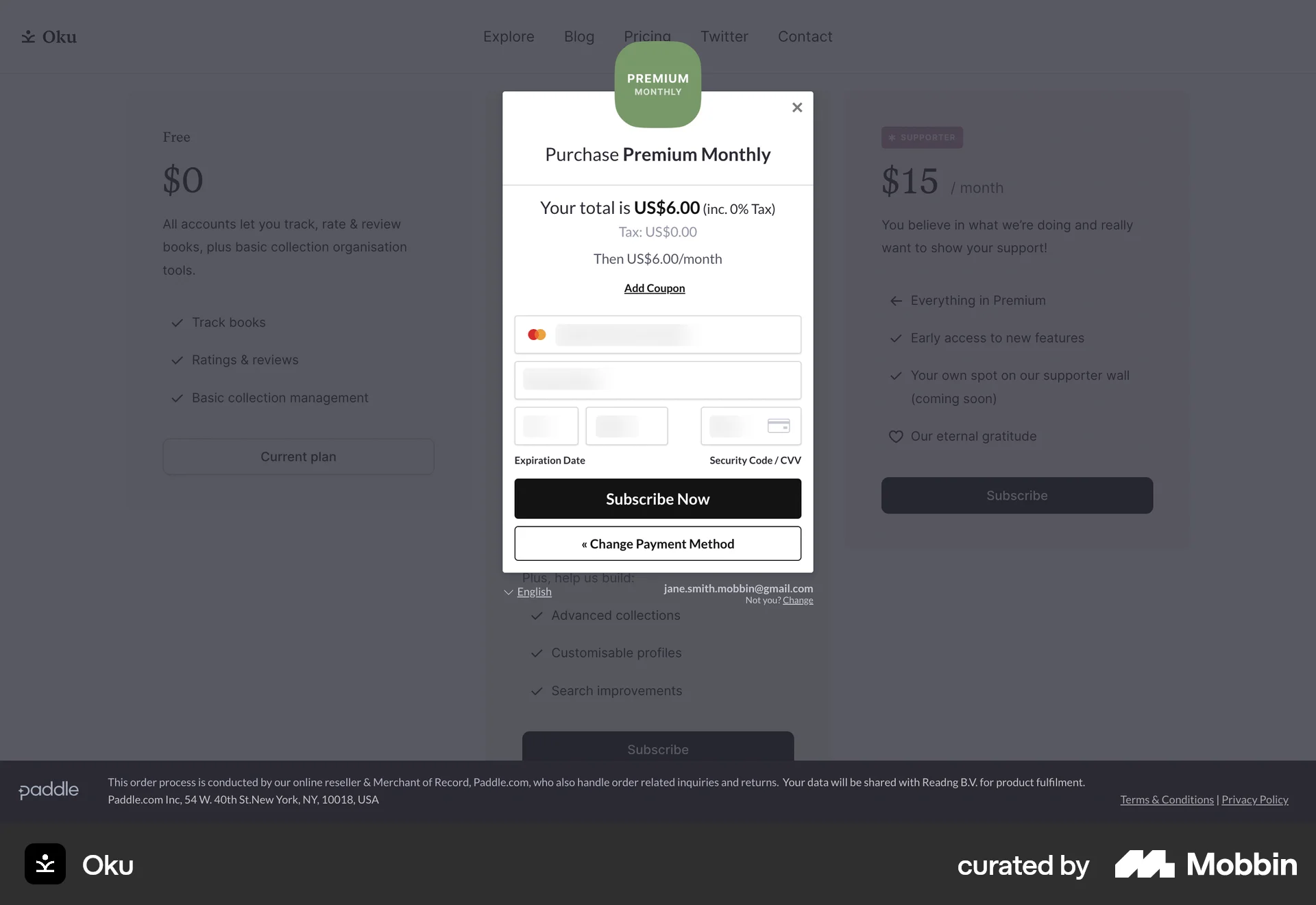 Oku Web Checkout screen