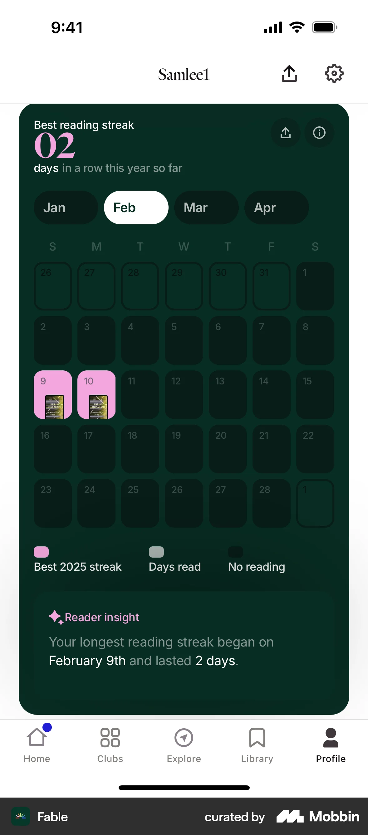 Fable iOS Calendar screen