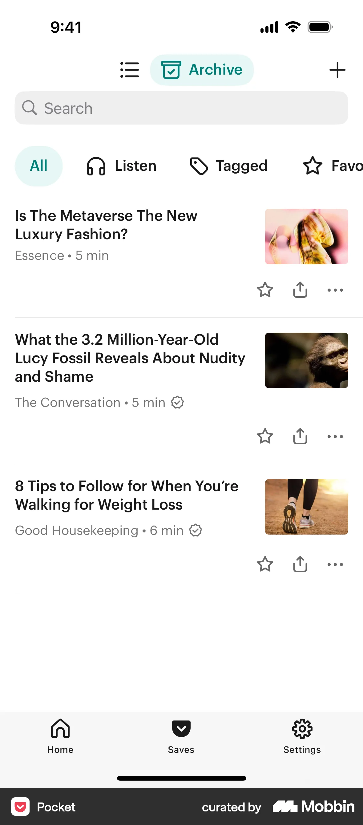 Pocket iOS Trash & Archive screen
